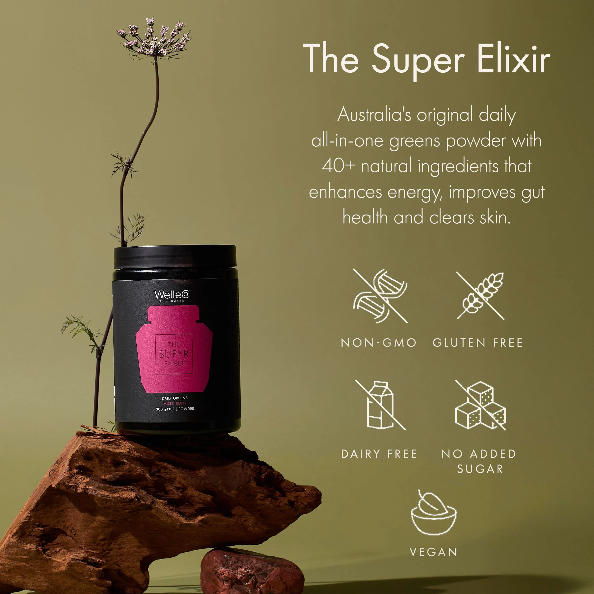 WelleCo The Super Elixir Daily Greens Powder, Probiotic Drink Mix with Whole Foods, Gluten Free, Vegan Gut Health Powder, Energy, Immunity, Healthy Skin, Hair & Nails (300g, Mixed Berry) - Image 6
