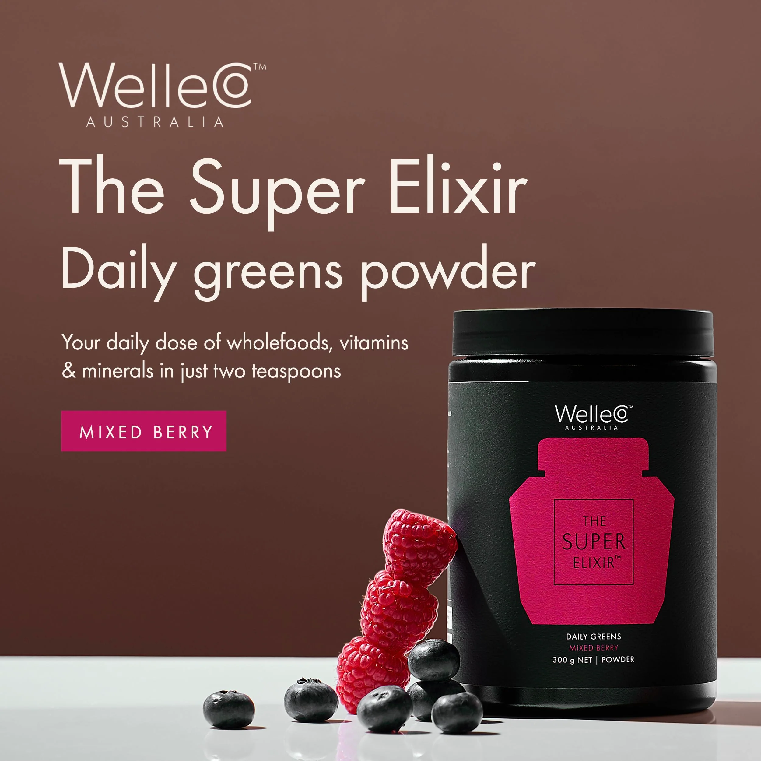 WelleCo The Super Elixir Daily Greens Powder, Probiotic Drink Mix with Whole Foods, Gluten Free, Vegan Gut Health Powder, Energy, Immunity, Healthy Skin, Hair & Nails (300g, Mixed Berry) - Image 9