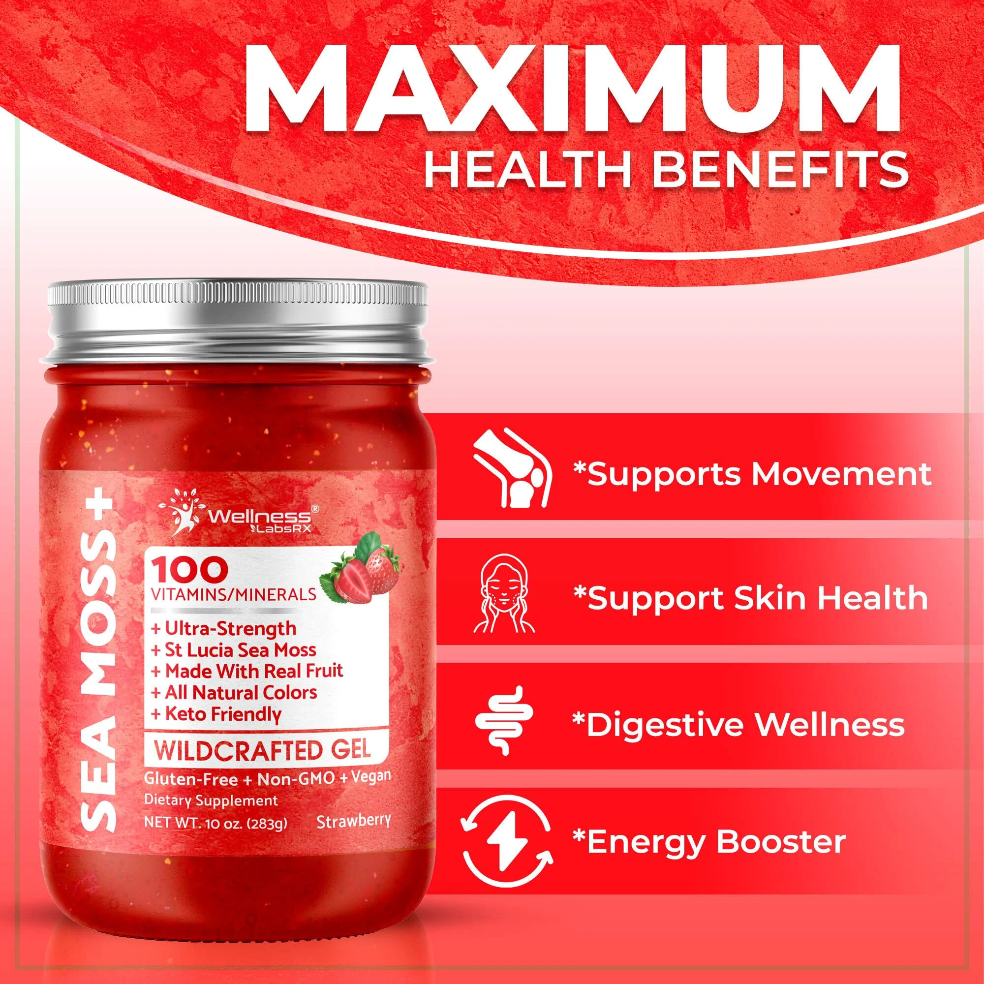 WELLNESS LABSRX Irish Sea Moss Gel Raw - Wildcrafted Superfood Seamoss Gel - Strawberry Flavor, Vitamin and Mineral-Rich from Pristine Caribbean Waters, Immune and Digestive Health Support - 10 oz. - Image 8