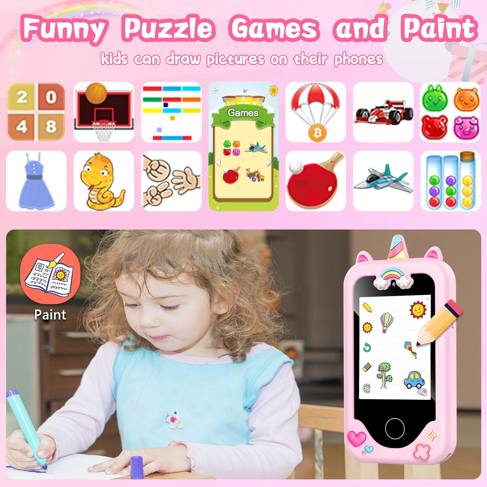 WEOLULI Kids Smart Phone with Dual Camera, Game & Music Player, Toddler Learning Play Toy Cell Phone, Gifts for Girls, Christmas, Birthday, Age 3-10, Light Pink - Image 6