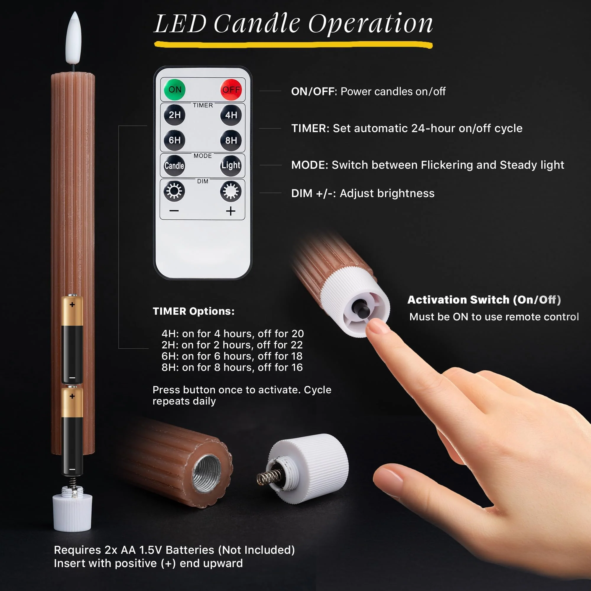 West Ivory 6 Pack, 10" LED Flameless Brown Tan Fluted Ribbed Grooved Taper Candles, Remote & 24h Timer Memory, On/Off Button, Dimmable, Flicker Mode, Battery Operated, Christmas Menorah Wedding - Image 6