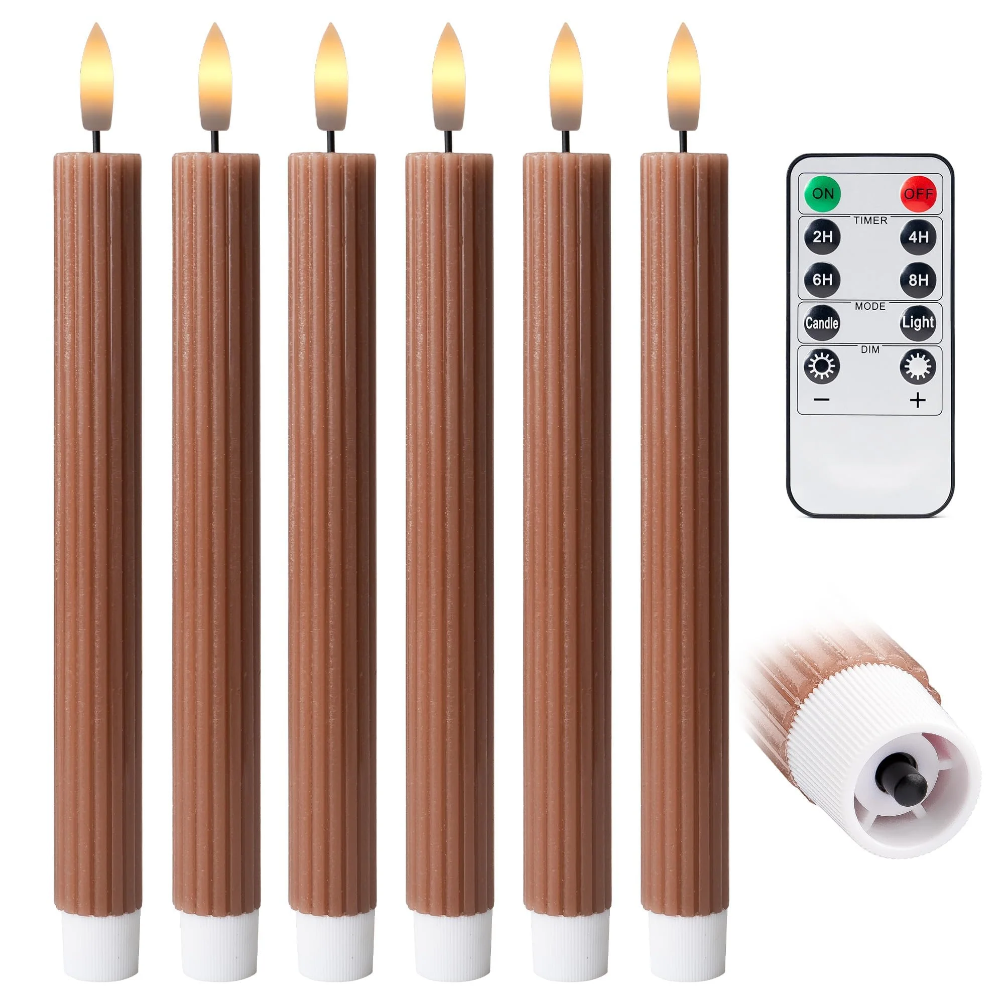 West Ivory 6 Pack, 10" LED Flameless Brown Tan Fluted Ribbed Grooved Taper Candles, Remote & 24h Timer Memory, On/Off Button, Dimmable, Flicker Mode, Battery Operated, Christmas Menorah Wedding - Image 8