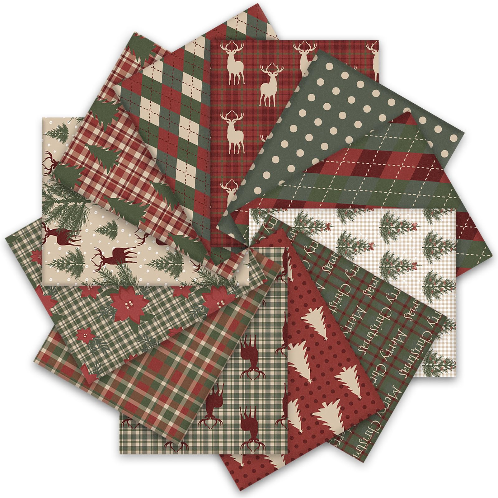 Whaline 12Pcs Cotton Fabric Bundles Woodland Poinsettia Reindeer Tree Printed Fat Quarters Plaid Xmas Sewing Fabrics for Christmas DIY Handmade Crafting, 18 x 22 Inch