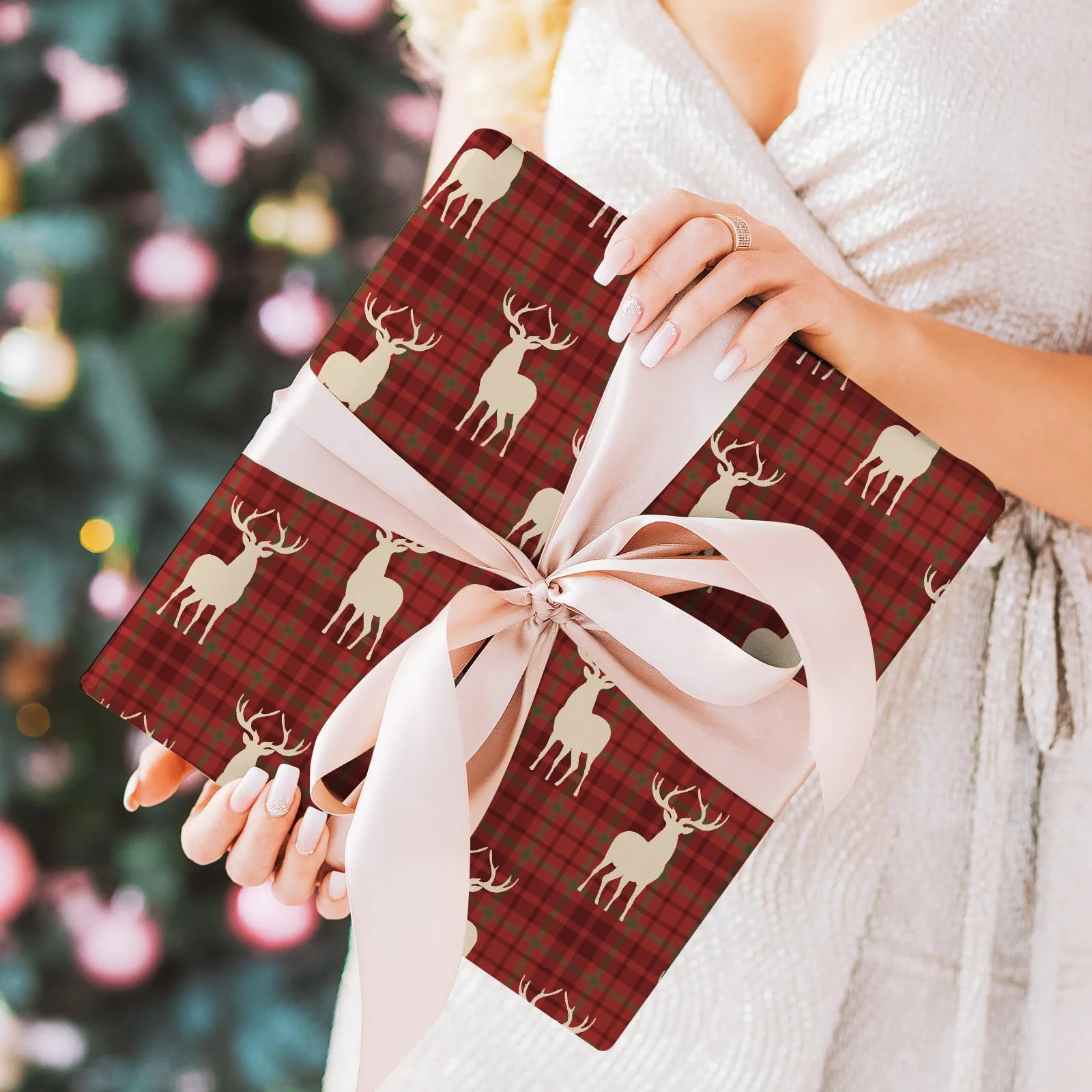 Whaline 12Pcs Cotton Fabric Bundles Woodland Poinsettia Reindeer Tree Printed Fat Quarters Plaid Xmas Sewing Fabrics for Christmas DIY Handmade Crafting, 18 x 22 Inch - Image 2