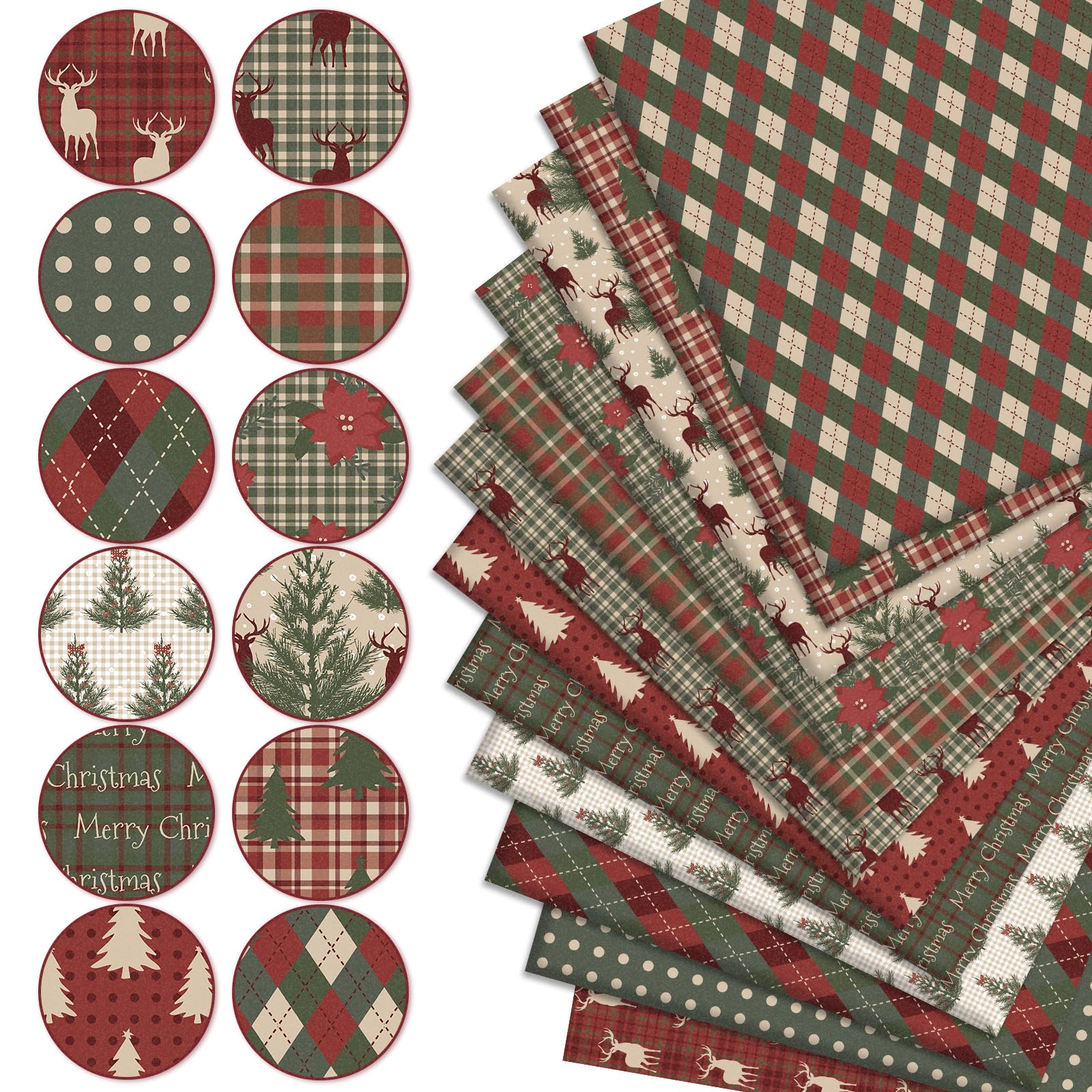 Whaline 12Pcs Cotton Fabric Bundles Woodland Poinsettia Reindeer Tree Printed Fat Quarters Plaid Xmas Sewing Fabrics for Christmas DIY Handmade Crafting, 18 x 22 Inch - Image 6