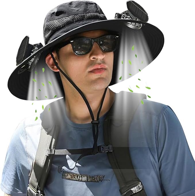 Wide Brim Solar Fan Hat, Hat with Fans Solar Power, Removable & USB Charging Fan, Sun Hats for Men Women Outdoor Fishing (US, Alpha, One Size, Large, Petite Plus Size, Black)