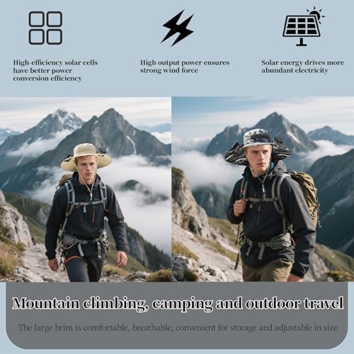 Wide-Brimmed Solar Fan Hat with 2 Solar FansFishing Hat Built in Solar Fan for Outdoor ActivitiesWith USB Charging Port (US, Alpha, One Size, Khaki) - Image 2