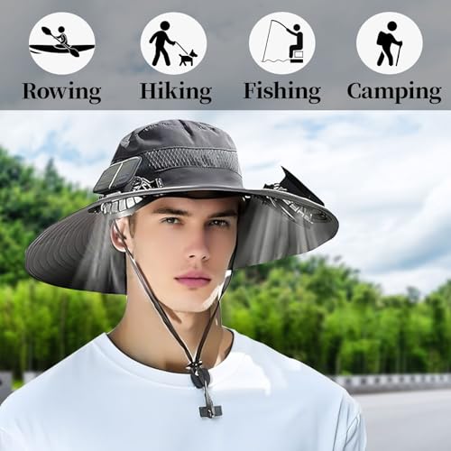 Wide-Brimmed Solar Fan Hat with 2 Solar FansFishing Hat Built in Solar Fan for Outdoor ActivitiesWith USB Charging Port (US, Alpha, One Size, Khaki) - Image 3