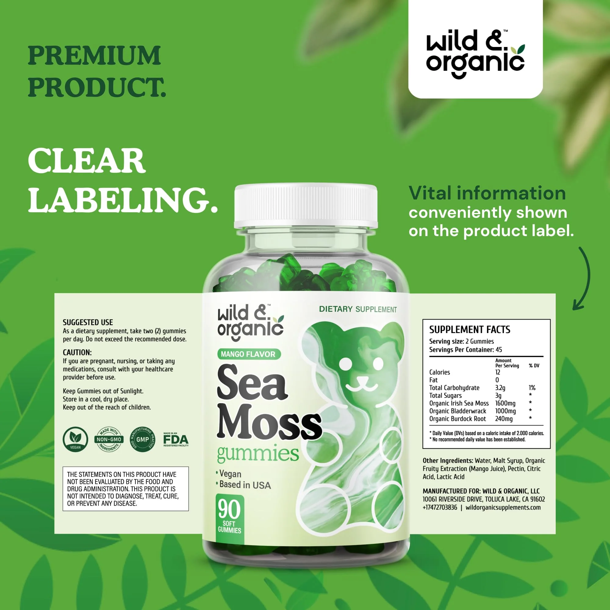 Wild & Organic Irish Sea Moss Gummies 1600 mg - Complex w/Bladderwrack and Burdock Root - Sea Moss Gel Chews for Overall Support - Chondrus Crispus - 90 Vegan, Non-GMO Seamoss Gel Gummies - Image 2