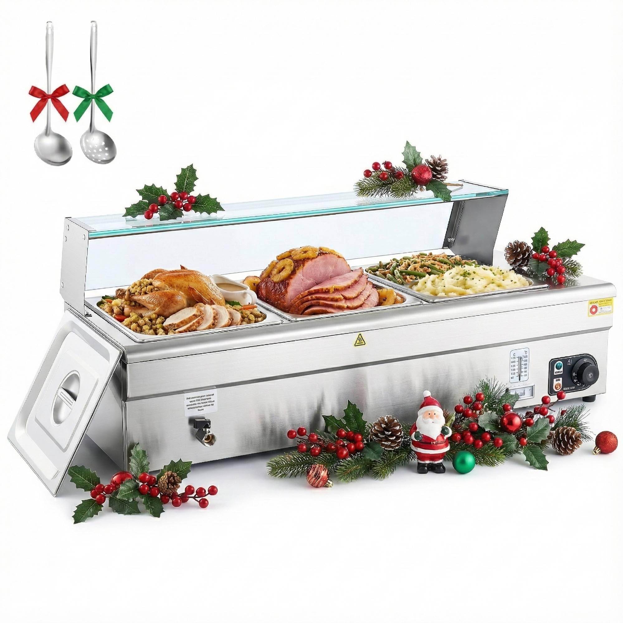 WILPREP 3-Pan Commercial Food Warmer with Sneeze Guard, Three 1/2 Pans, 1500W Countertop Electric Steam Table, 86-185°F Adjustable Temp Control, Stainless Steel Buffet Bain Marie