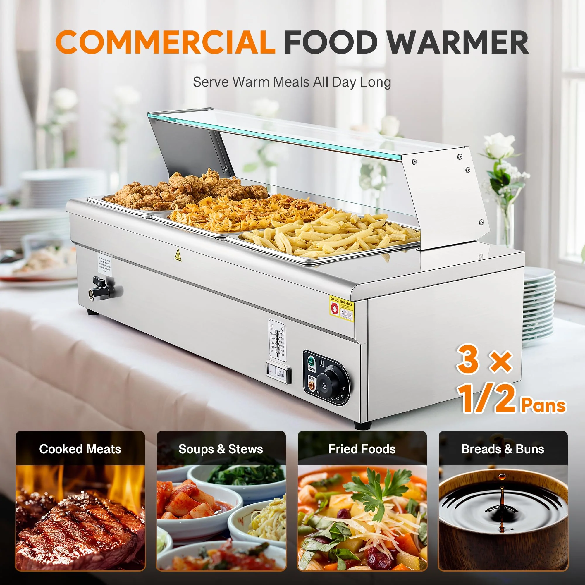 WILPREP 3-Pan Commercial Food Warmer with Sneeze Guard, Three 1/2 Pans, 1500W Countertop Electric Steam Table, 86-185°F Adjustable Temp Control, Stainless Steel Buffet Bain Marie - Image 8