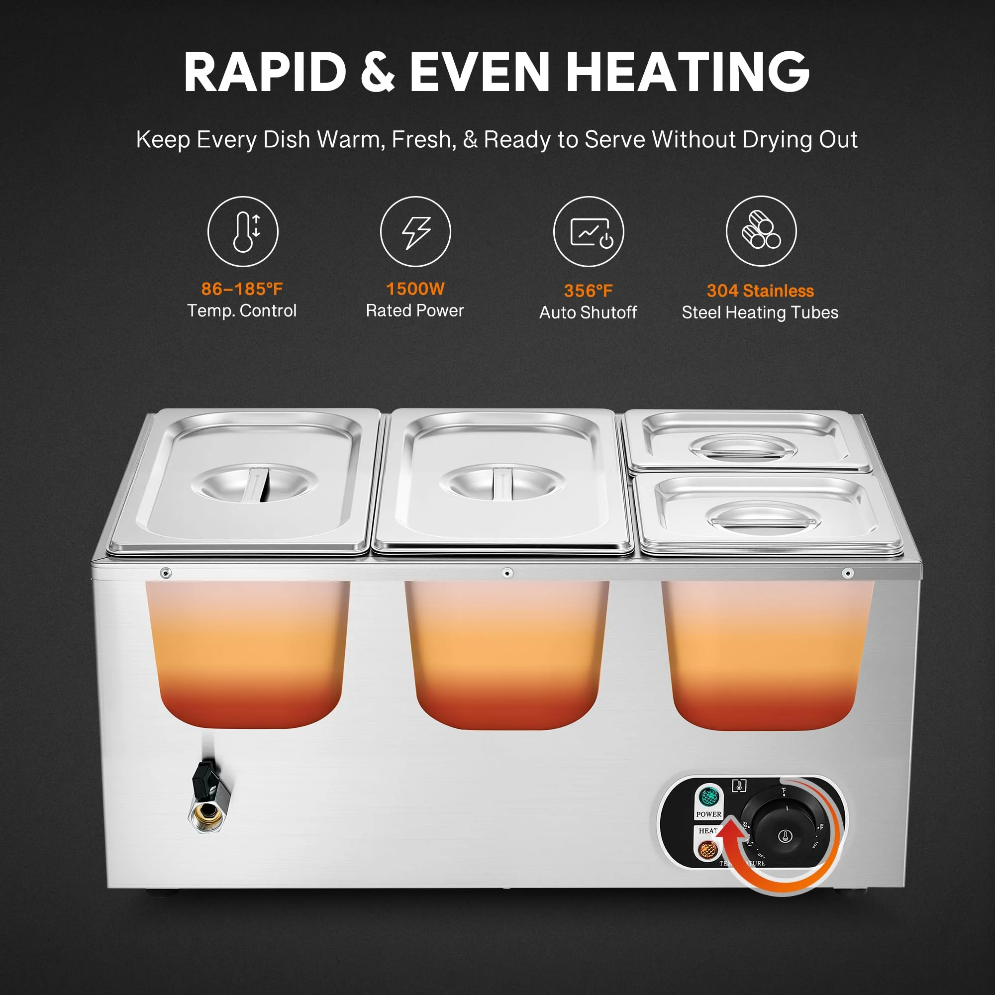 WILPREP Commercial Food Warmer with Two 1/3 & Two 1/6 Pans, 1500W Countertop Electric Warmer, 86-185°F Adjustable Temp Control, Stainless Steel Buffet Bain Marie - Image 7