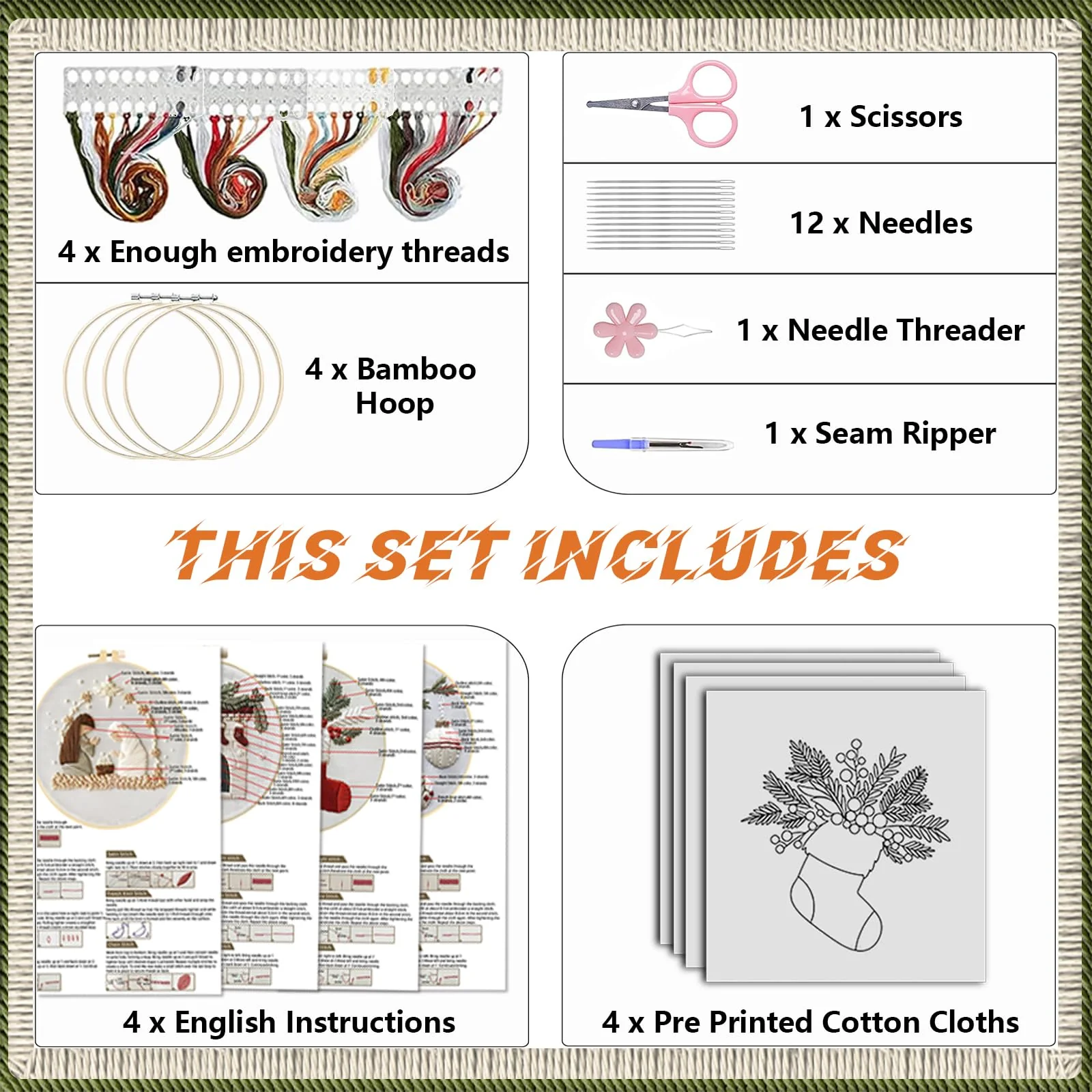 WKALXJ 4 Sets Christmas Embroidery Kits for Adults, Embroidery Kit for Beginners, Cross Stitch Kits for Beginners with Pattern, Needles, Threads, Tools (Holly+Fireplace+Stocking+Nativity Manger) - Image 6
