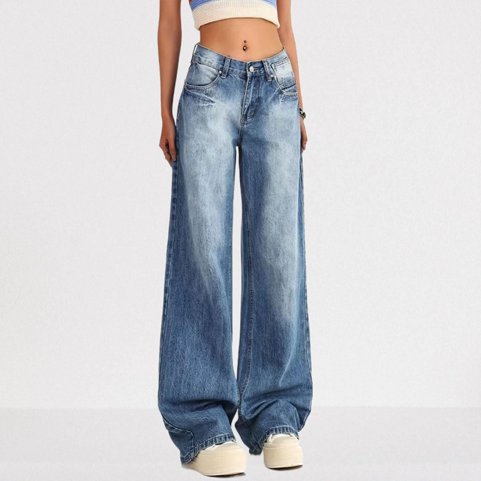 Women's Low Rise Baggy Jeans Washed Straight Wide Leg Denim Pants Casual Loose Boyfriend Jean Streewear Trousers Blue - Image 4
