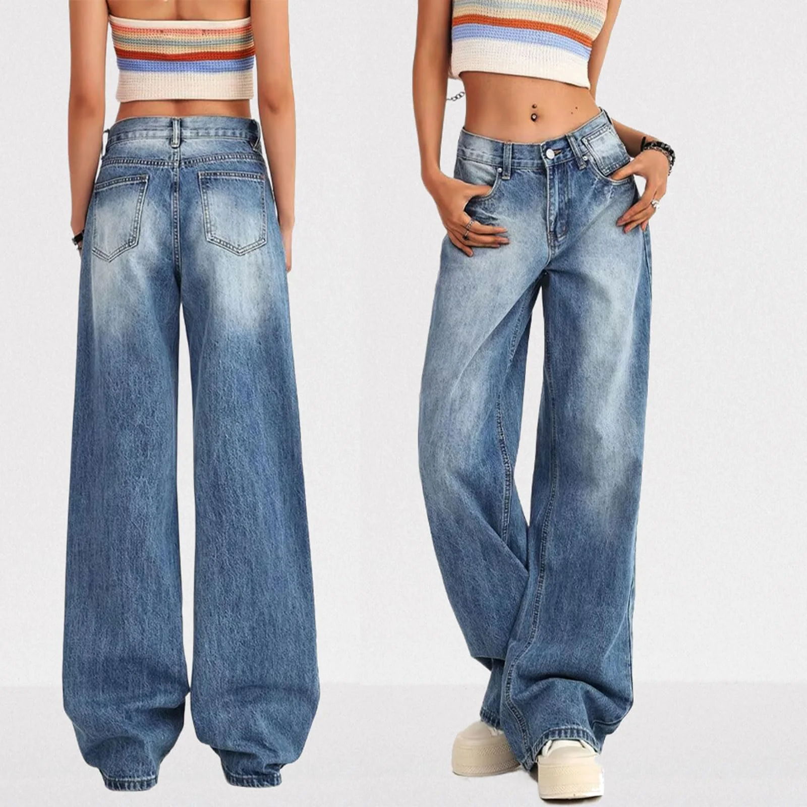 Women's Low Rise Baggy Jeans Washed Straight Wide Leg Denim Pants Casual Loose Boyfriend Jean Streewear Trousers Blue - Image 6