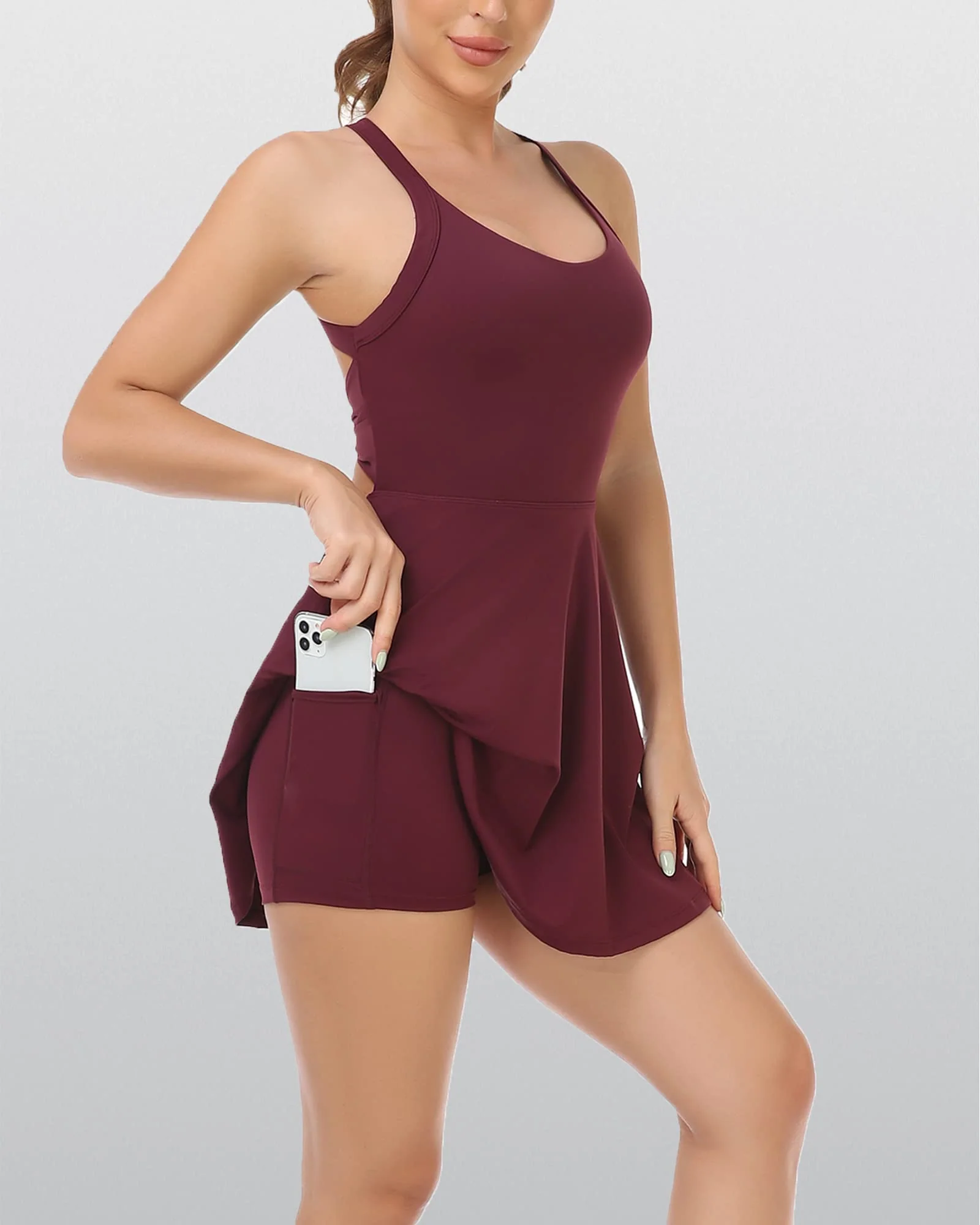 Womens Tennis Dress with Built in Shorts and Bra Workout Dress Golf Athletic Dress for Women Claret - Image 2