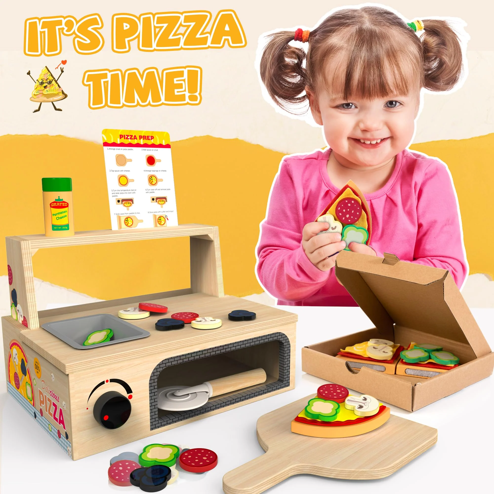 WOODMAM Wooden Pizza Toy - 48 PCS Montessori Pretend Play Food for Ages 3+, Educational Learning Toy Wooden Playset with Bake Oven, Christmas Birthday Gift for 3 4 5 6 Year Old - Image 2