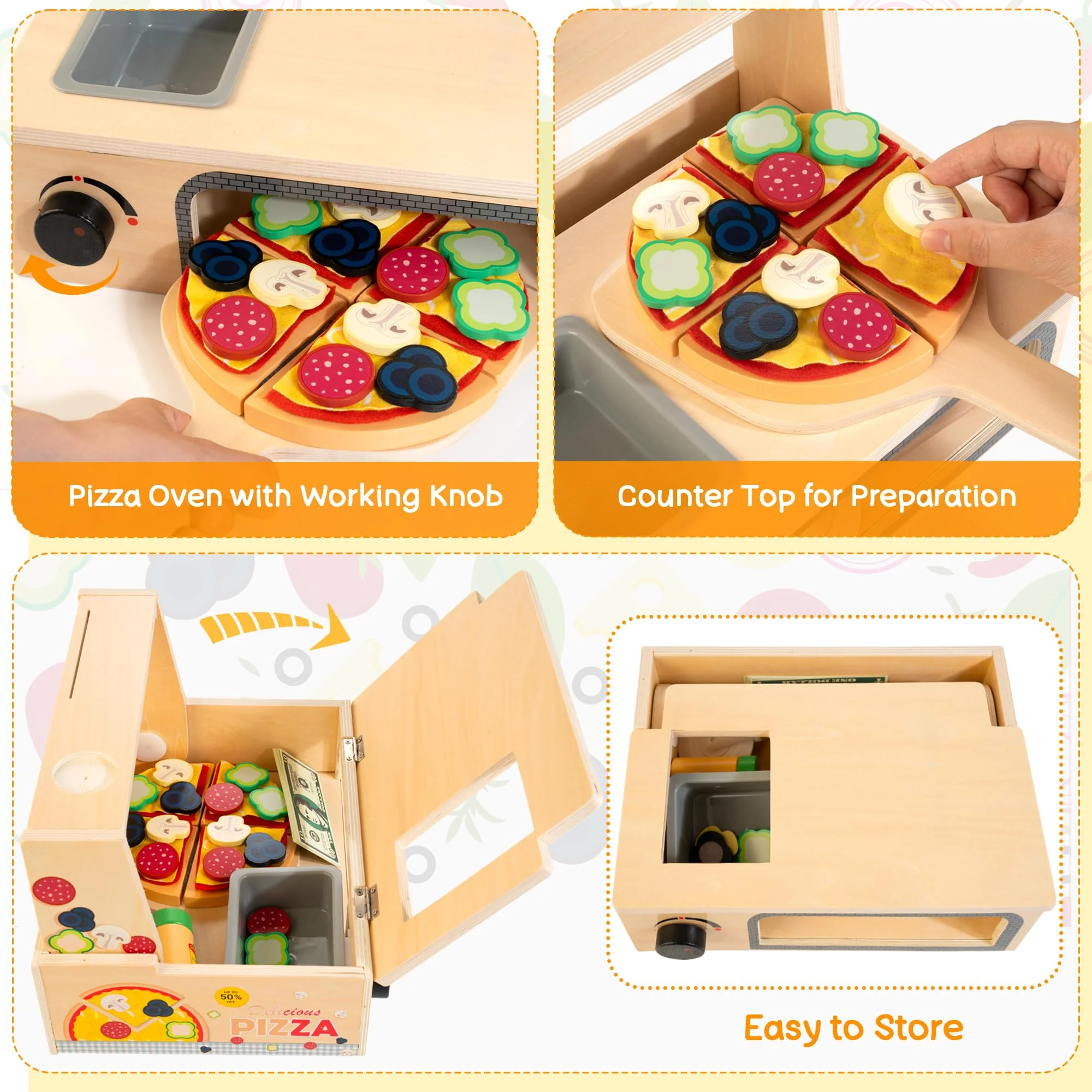 WOODMAM Wooden Pizza Toy - 48 PCS Montessori Pretend Play Food for Ages 3+, Educational Learning Toy Wooden Playset with Bake Oven, Christmas Birthday Gift for 3 4 5 6 Year Old - Image 6
