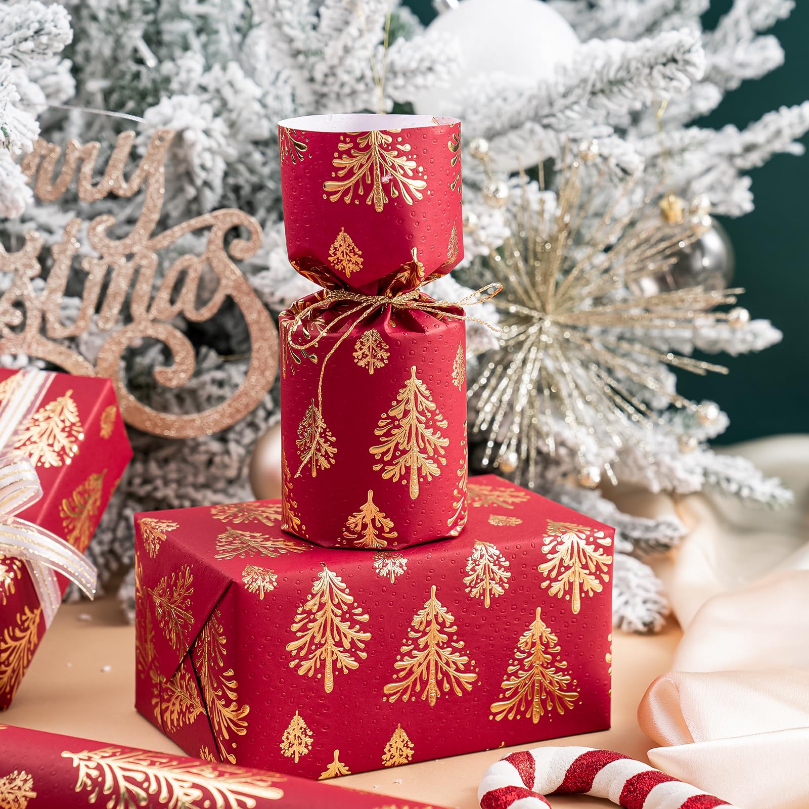 WRAPAHOLIC 30 Inch Jumbo 3D Kraft Christmas Wrapping Paper - 30 Inch x 16.5 Feet - Gold and Red Christmas Tree Wrapping Paper with Embossed Perfect for Holiday, Party Celebration - Image 4