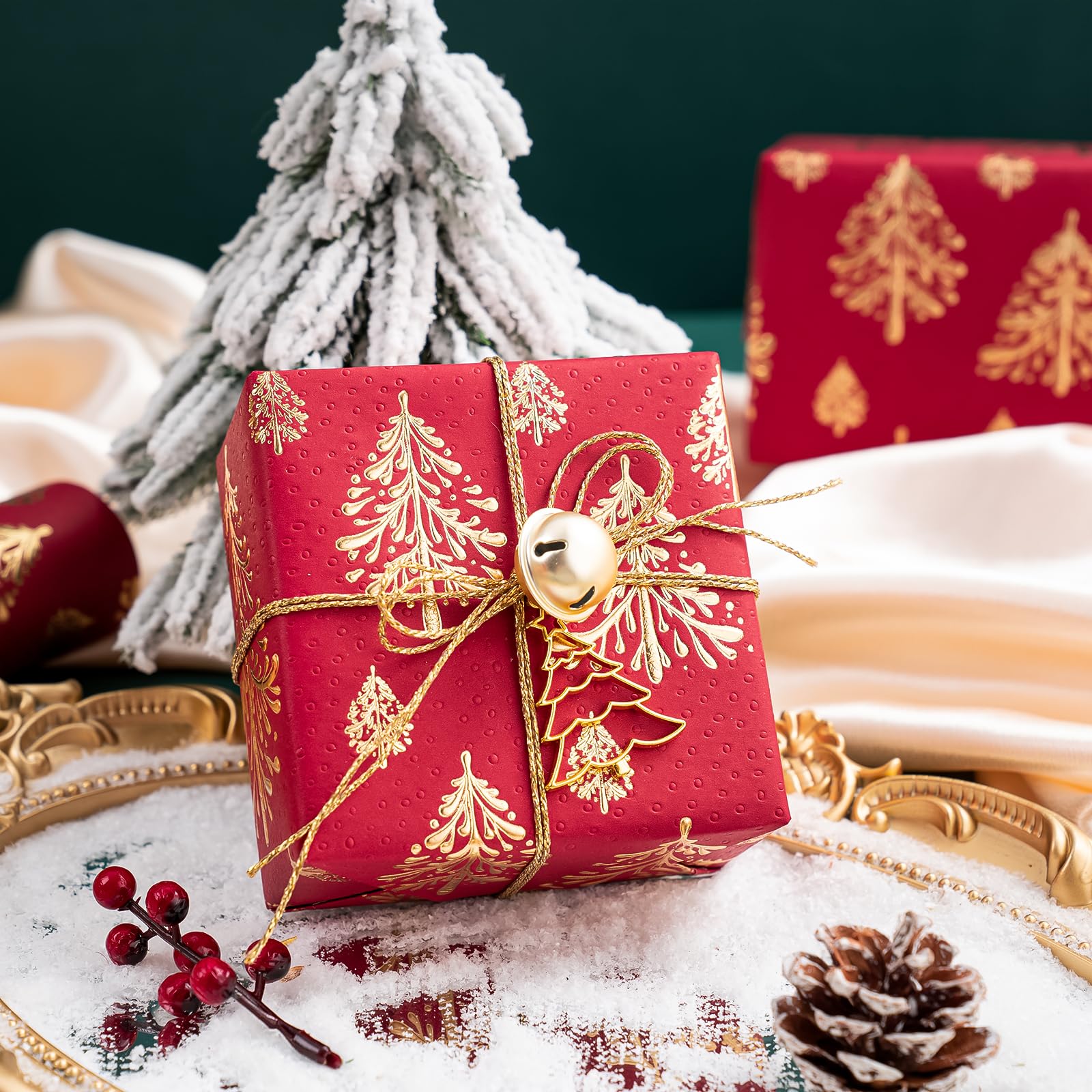 WRAPAHOLIC 30 Inch Jumbo 3D Kraft Christmas Wrapping Paper - 30 Inch x 16.5 Feet - Gold and Red Christmas Tree Wrapping Paper with Embossed Perfect for Holiday, Party Celebration - Image 6