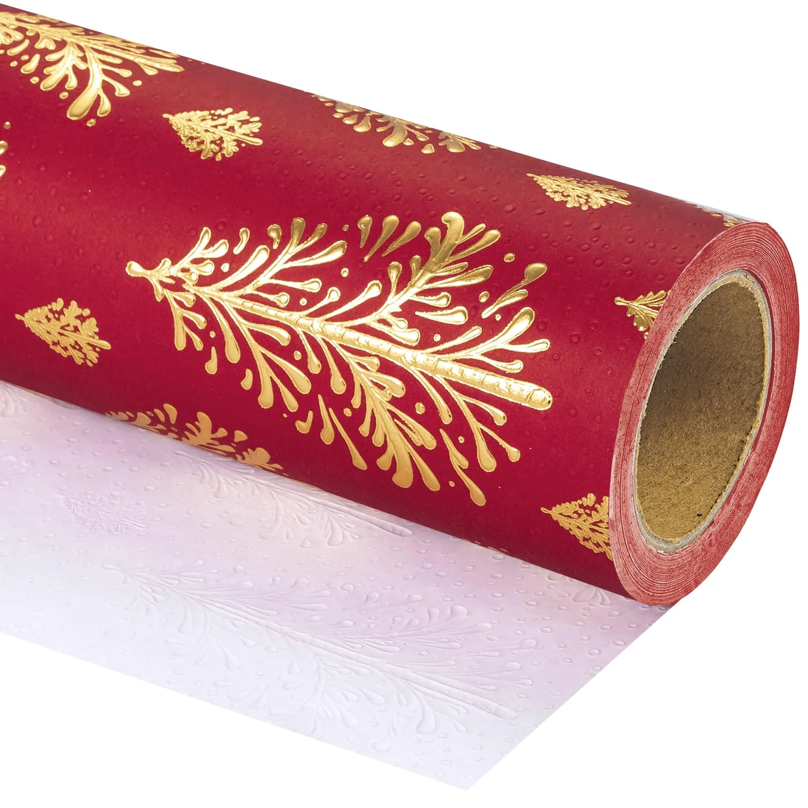 WRAPAHOLIC 30 Inch Jumbo 3D Kraft Christmas Wrapping Paper - 30 Inch x 16.5 Feet - Gold and Red Christmas Tree Wrapping Paper with Embossed Perfect for Holiday, Party Celebration - Image 7