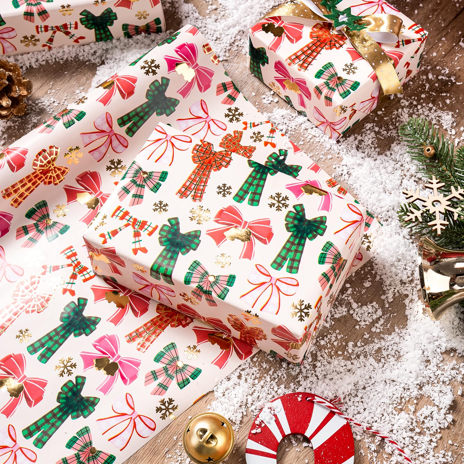 WRAPAHOLIC 30 Inch Jumbo Bow Christmas Wrapping Paper - 30 Inch x 33 Feet - Gold Foil Snoflakes and Plaid Bow Wrapping Paper for Girl Boy Kids, Christmas, Holiday - Image 2