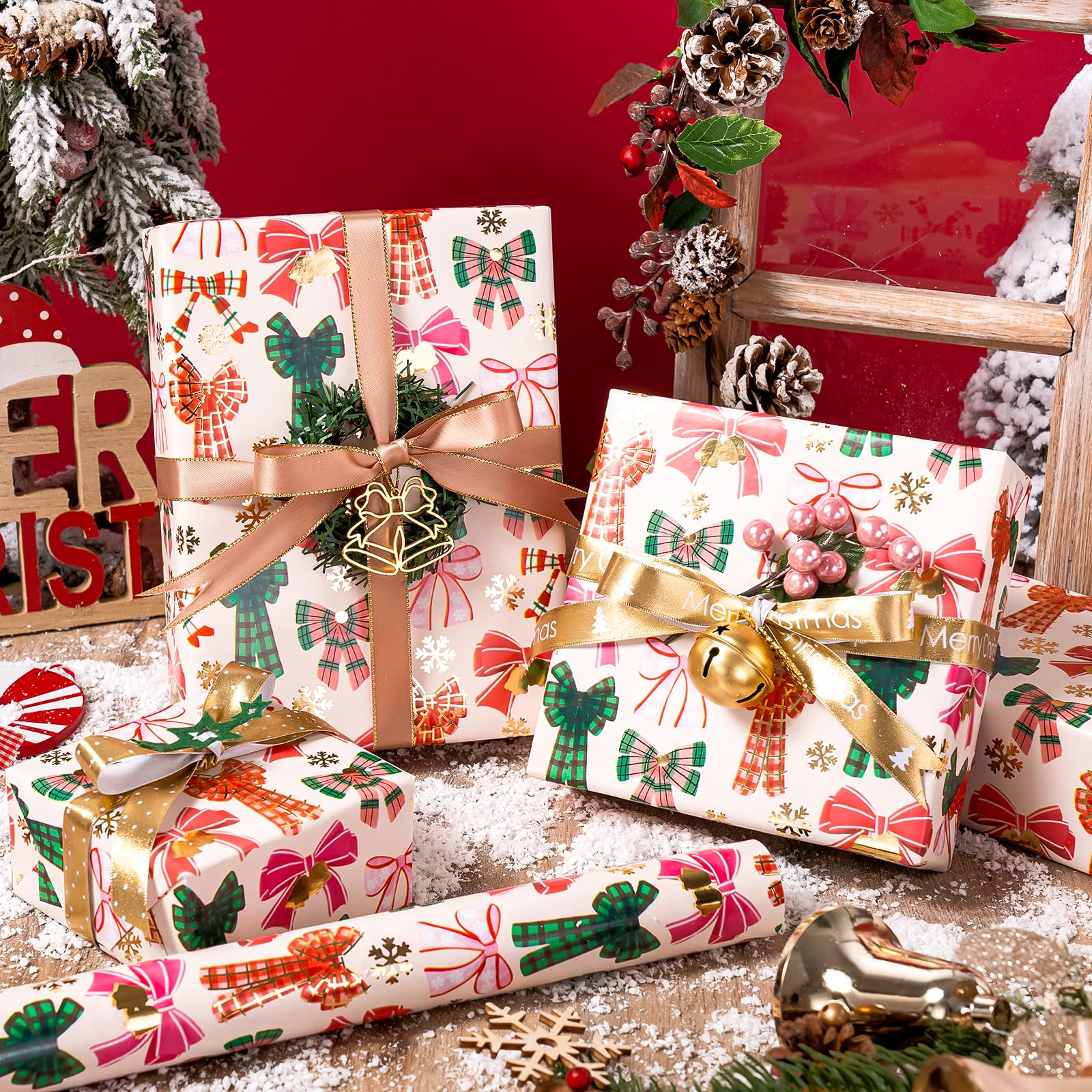 WRAPAHOLIC 30 Inch Jumbo Bow Christmas Wrapping Paper - 30 Inch x 33 Feet - Gold Foil Snoflakes and Plaid Bow Wrapping Paper for Girl Boy Kids, Christmas, Holiday - Image 3