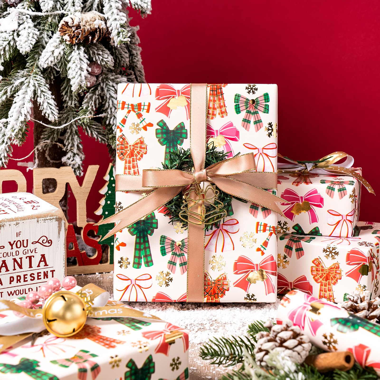 WRAPAHOLIC 30 Inch Jumbo Bow Christmas Wrapping Paper - 30 Inch x 33 Feet - Gold Foil Snoflakes and Plaid Bow Wrapping Paper for Girl Boy Kids, Christmas, Holiday - Image 5