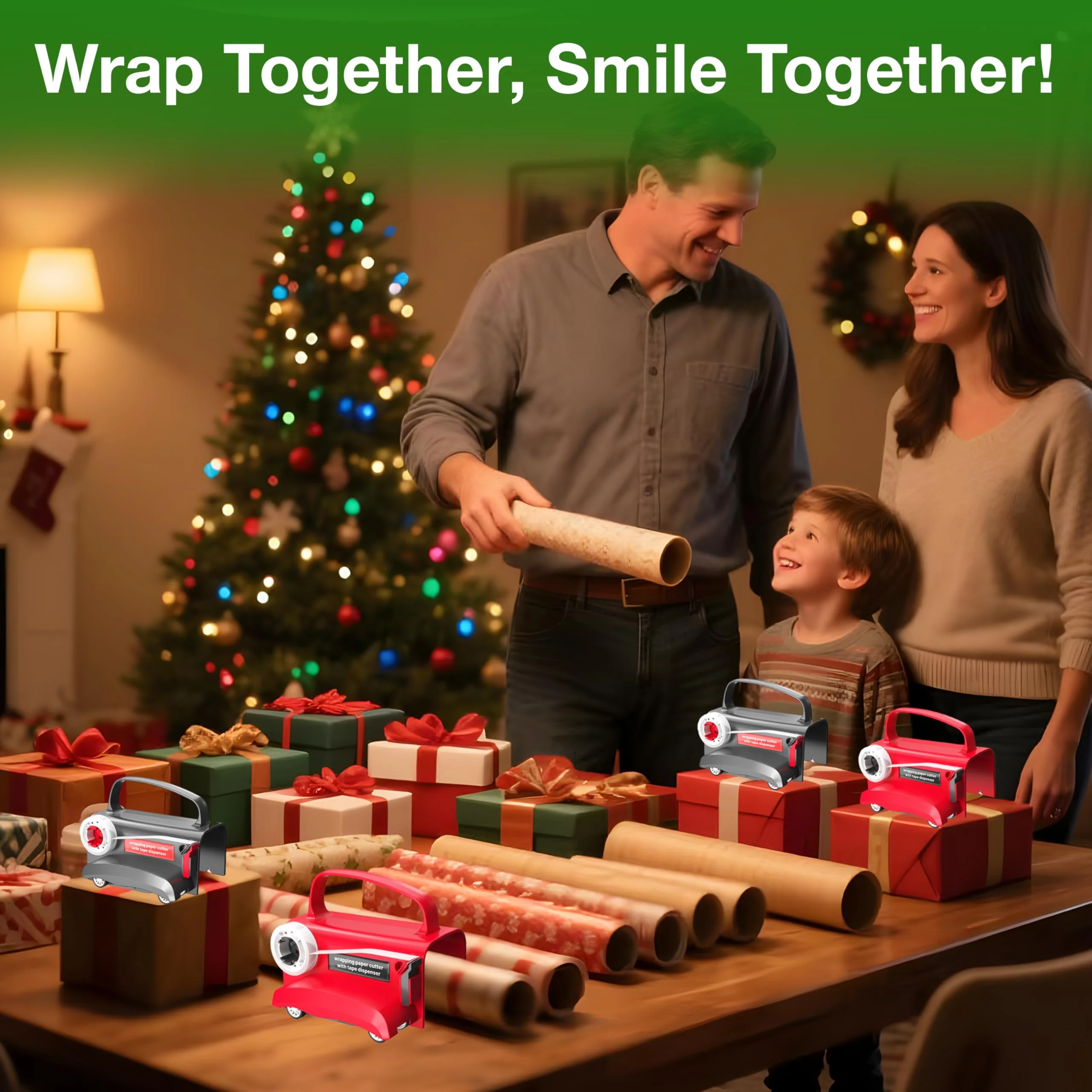 Wraprocut (2-Pack) Wheel Wrapping Paper Cutter & Tape Dispenser with 4 Tapes,2 Replace Blades Kit for Christmas Gift Wrap Cutter Tool Paper Roll Holder Tube Sliding Slicing for Birthday Holiday. - Image 2