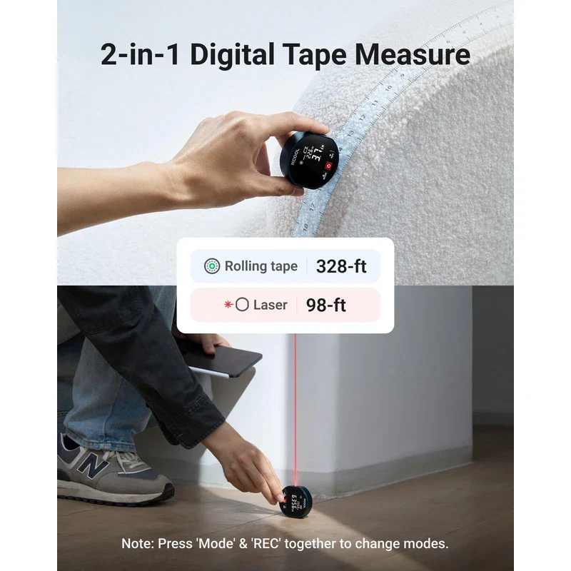 XCOOL 2-in-1 Rolling Digital Tape Measure with Laser, 98-ft Laser Tape Measure & 328-ft Rolling Tape Measure with Digital Readout and Magnetic Back Design,Small Tape Measure with Unit Switching - Image 2