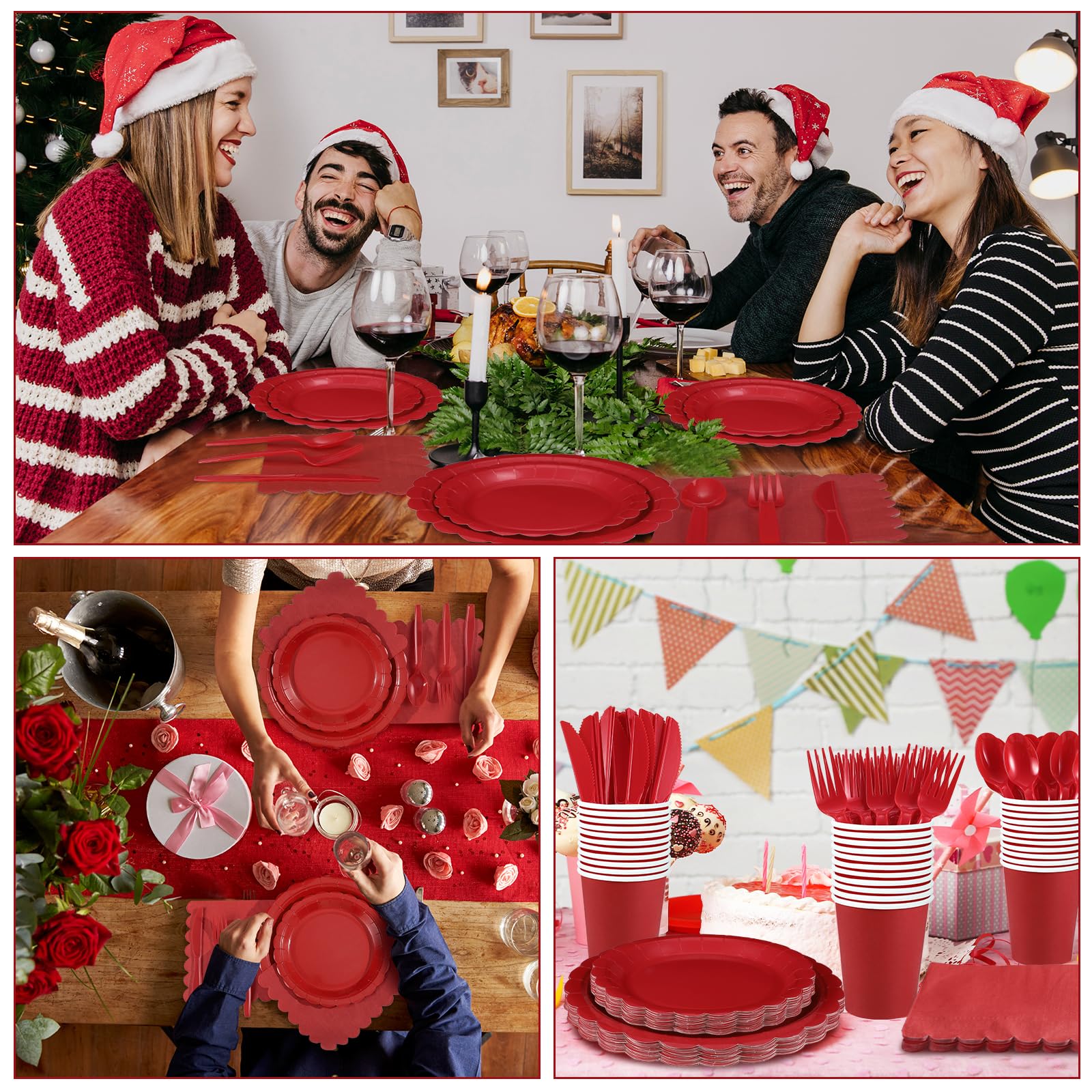 Xiangqu 175 Pcs Red Plates and Napkins, 25 Guest Red Party Supplies Include Christmas Plates and Napkins Cups Plastic Spoons Forks Knives for Birthday, Christmas, Picnic - Image 2