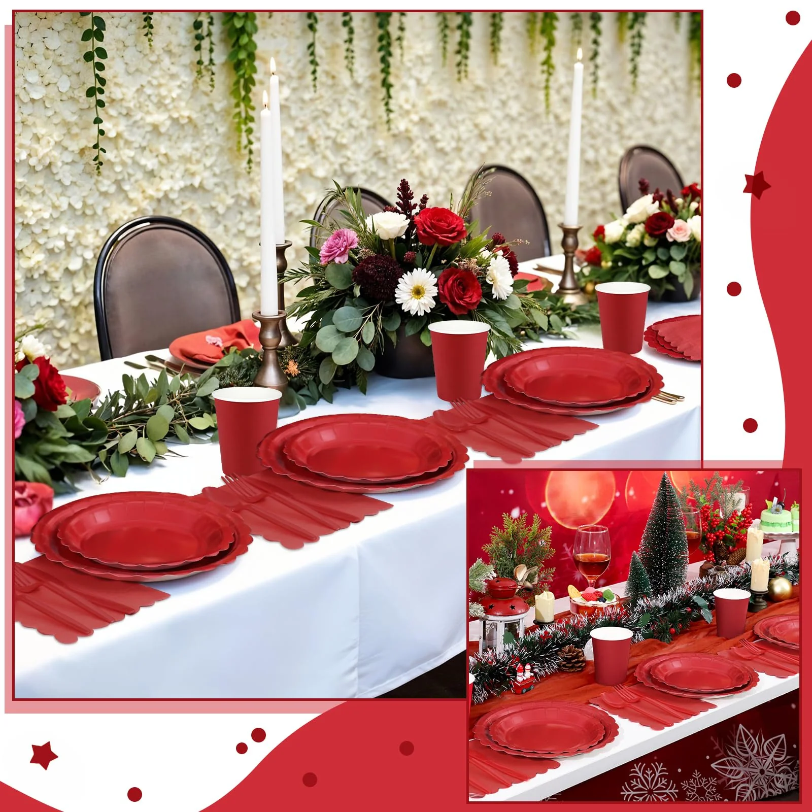 Xiangqu 175 Pcs Red Plates and Napkins, 25 Guest Red Party Supplies Include Christmas Plates and Napkins Cups Plastic Spoons Forks Knives for Birthday, Christmas, Picnic - Image 3