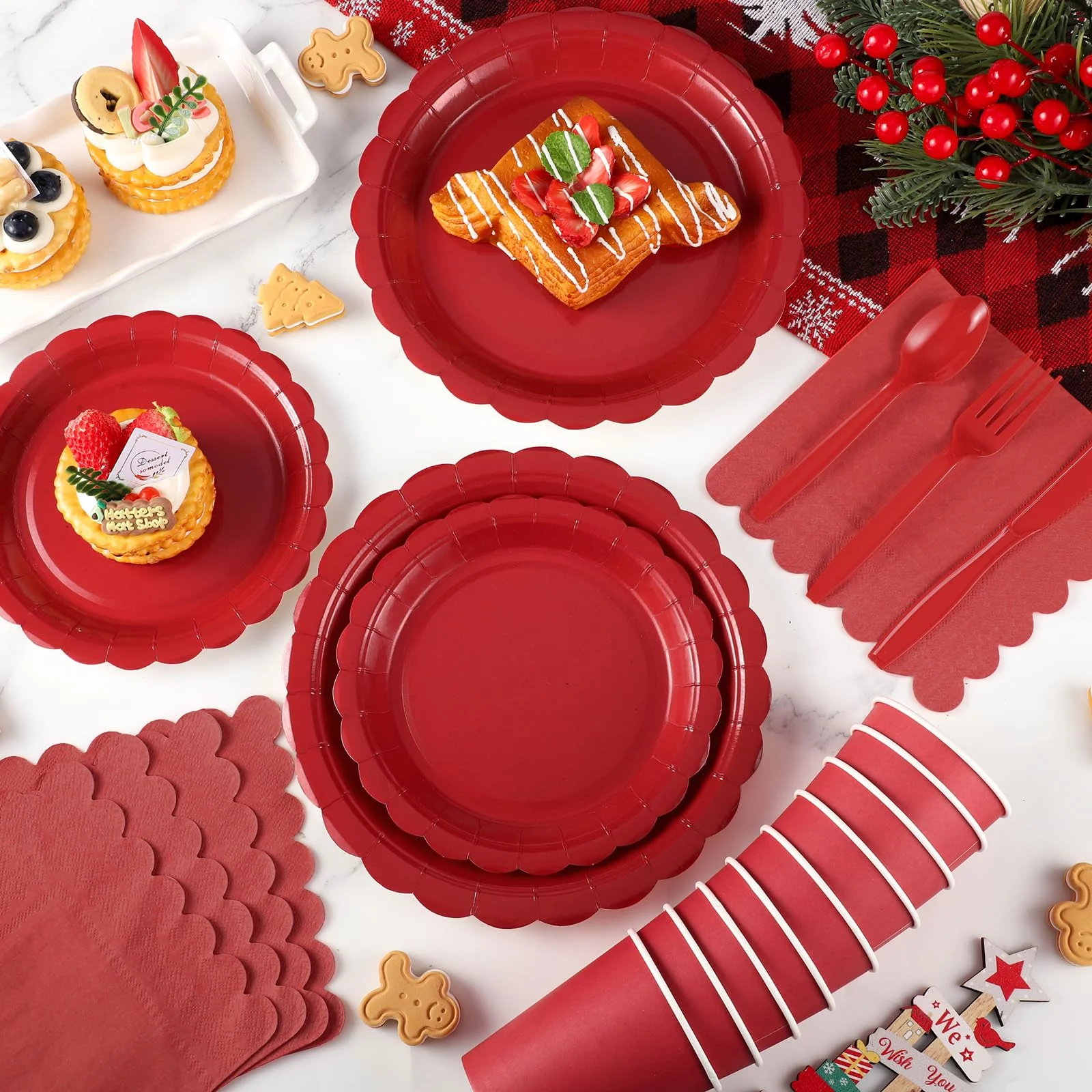 Xiangqu 175 Pcs Red Plates and Napkins, 25 Guest Red Party Supplies Include Christmas Plates and Napkins Cups Plastic Spoons Forks Knives for Birthday, Christmas, Picnic - Image 4