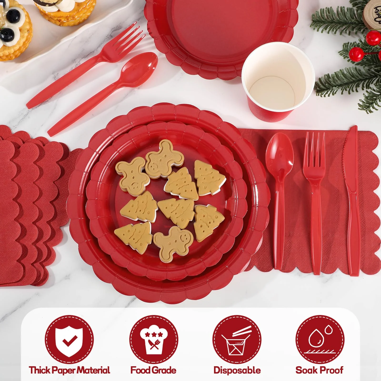 Xiangqu 175 Pcs Red Plates and Napkins, 25 Guest Red Party Supplies Include Christmas Plates and Napkins Cups Plastic Spoons Forks Knives for Birthday, Christmas, Picnic - Image 5