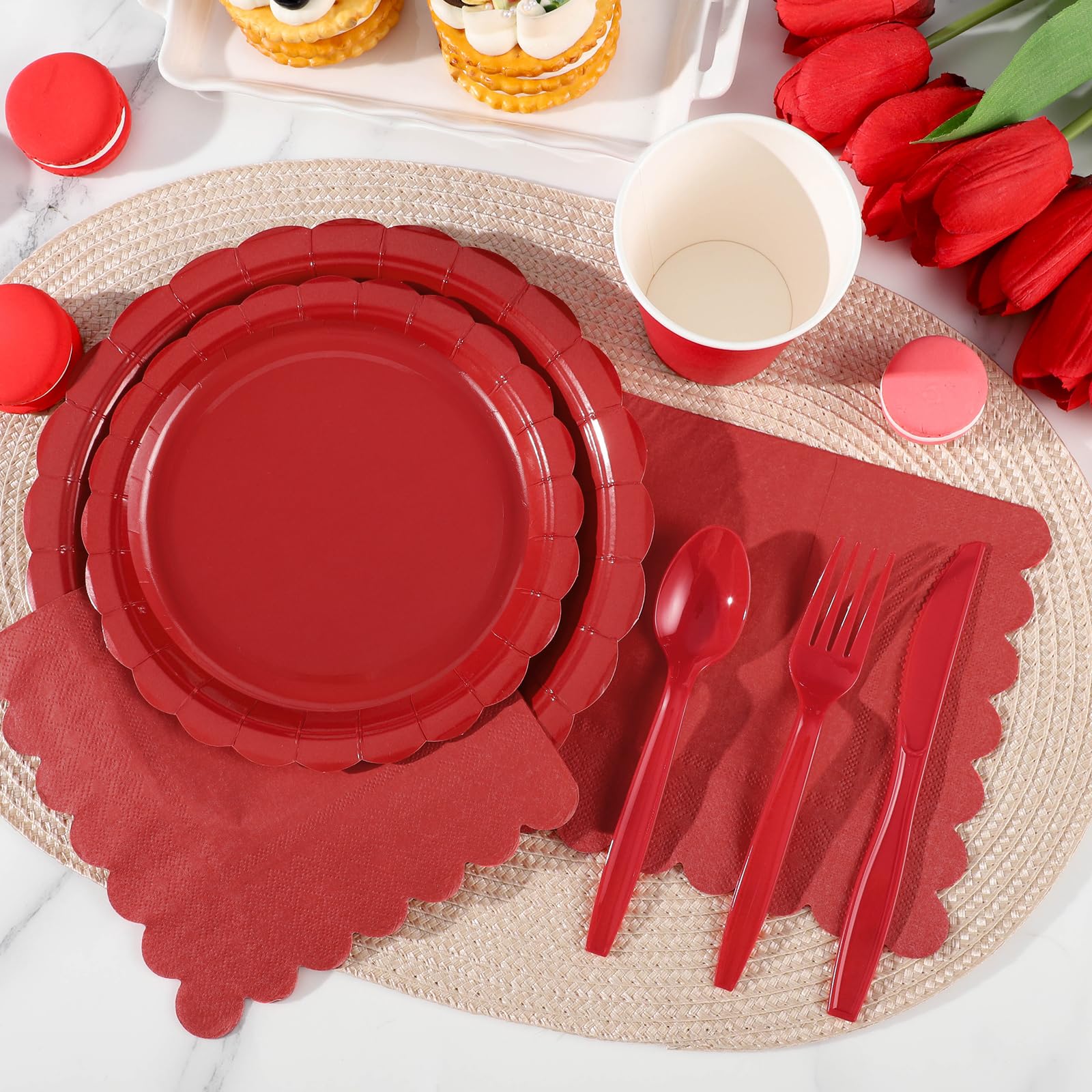 Xiangqu 175 Pcs Red Plates and Napkins, 25 Guest Red Party Supplies Include Christmas Plates and Napkins Cups Plastic Spoons Forks Knives for Birthday, Christmas, Picnic - Image 7