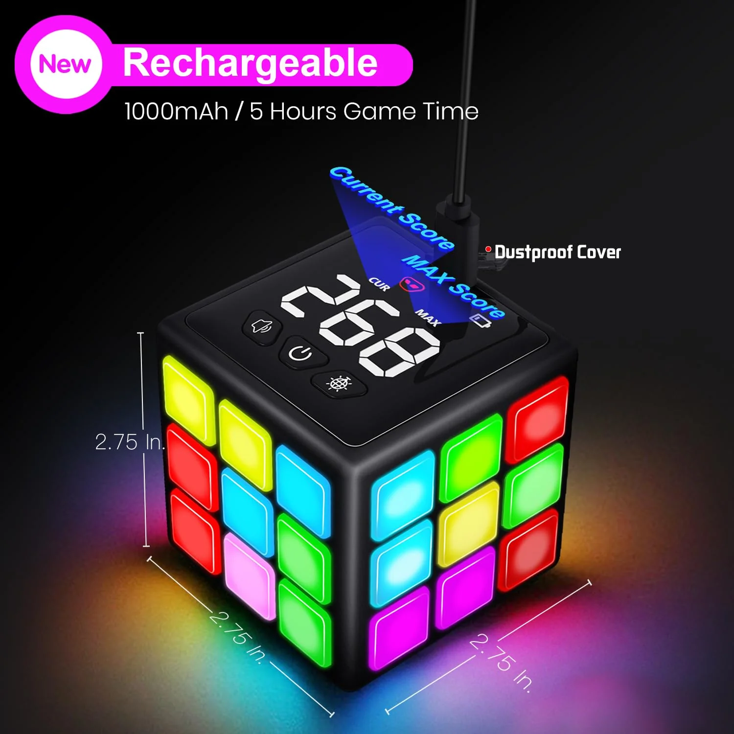 Xinbeiya Rechargeable Game Handheld Cube - 15 Fun Brain & Memory Game with Score Screen - Christmas Easter Birthday Gifts for Boys Girls Ages 6-12+ Years Old - Toy Gift Idea for Kids Teens (Black) - Image 3