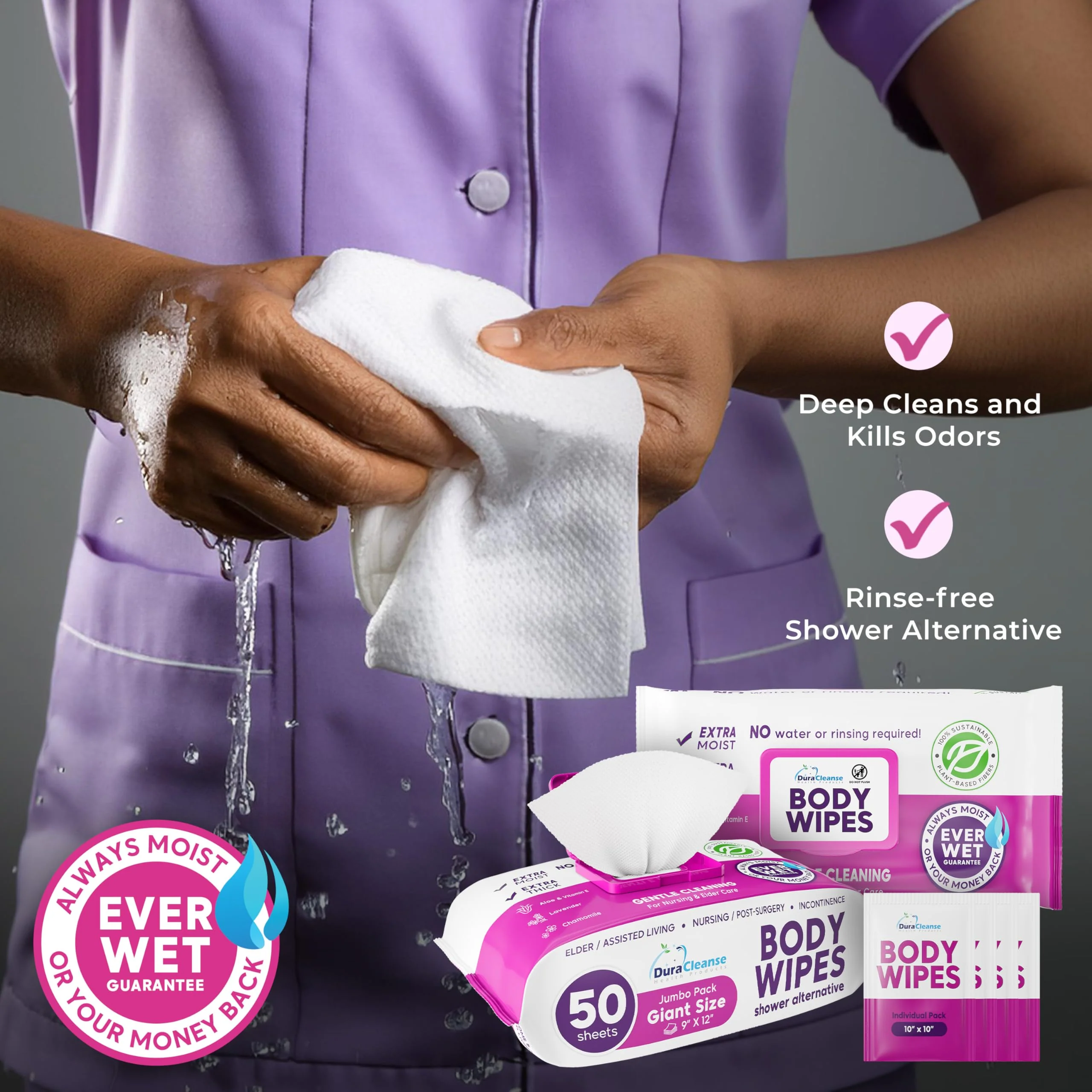 XL Body Wash Wipes for Adults Bathing No Rinse & Elderly Incontinence (4pk) - 200 Ct. + 16 Travel Bath Wipes - 9"x12" Disposable Washcloths for Adult Surgery Recovery Supplies & Elder Care Products - Image 6
