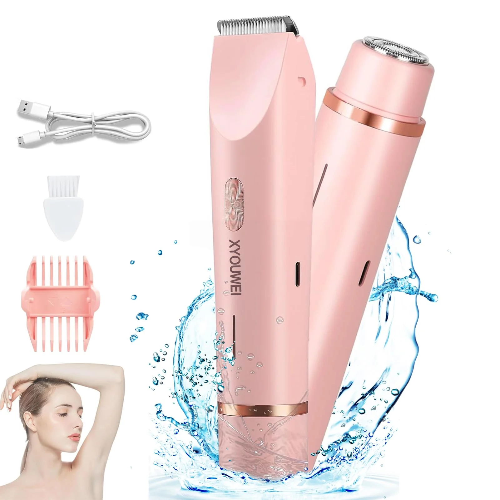 XYOUWEI Electric Shaver for Women, 2 in 1 Bikini Trimmer, USB Rechargeable Electric Razors Body Hair Trimmer for Face Leg Bikini Underarm Arm