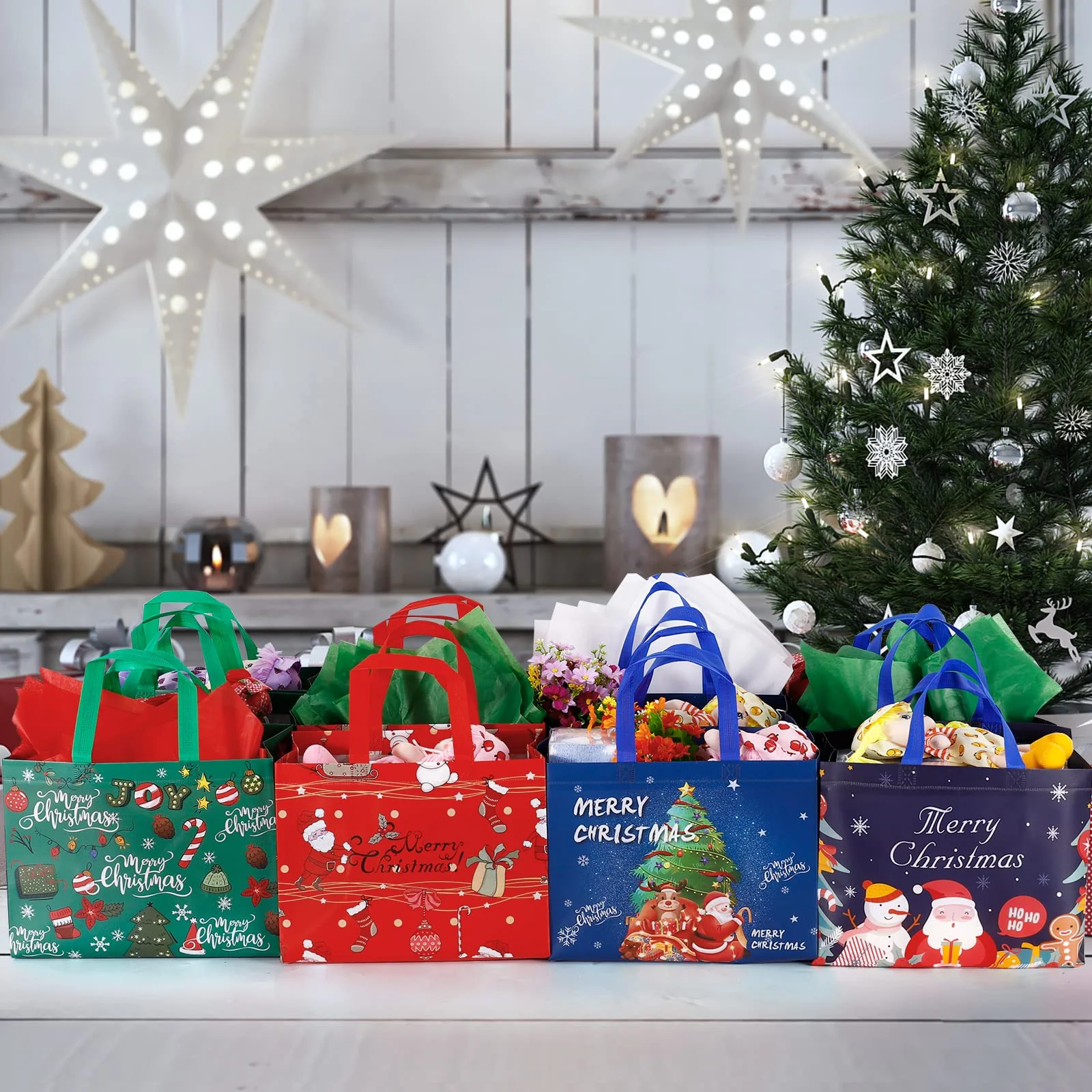 YANGTE 12 Pack 13" Large Christmas Gift Bags with Tissue Paper, Reusable Non-Woven Christmas Bag with Handles for Presents Wrapping, Shopping Xmas Party Supplies - Image 4