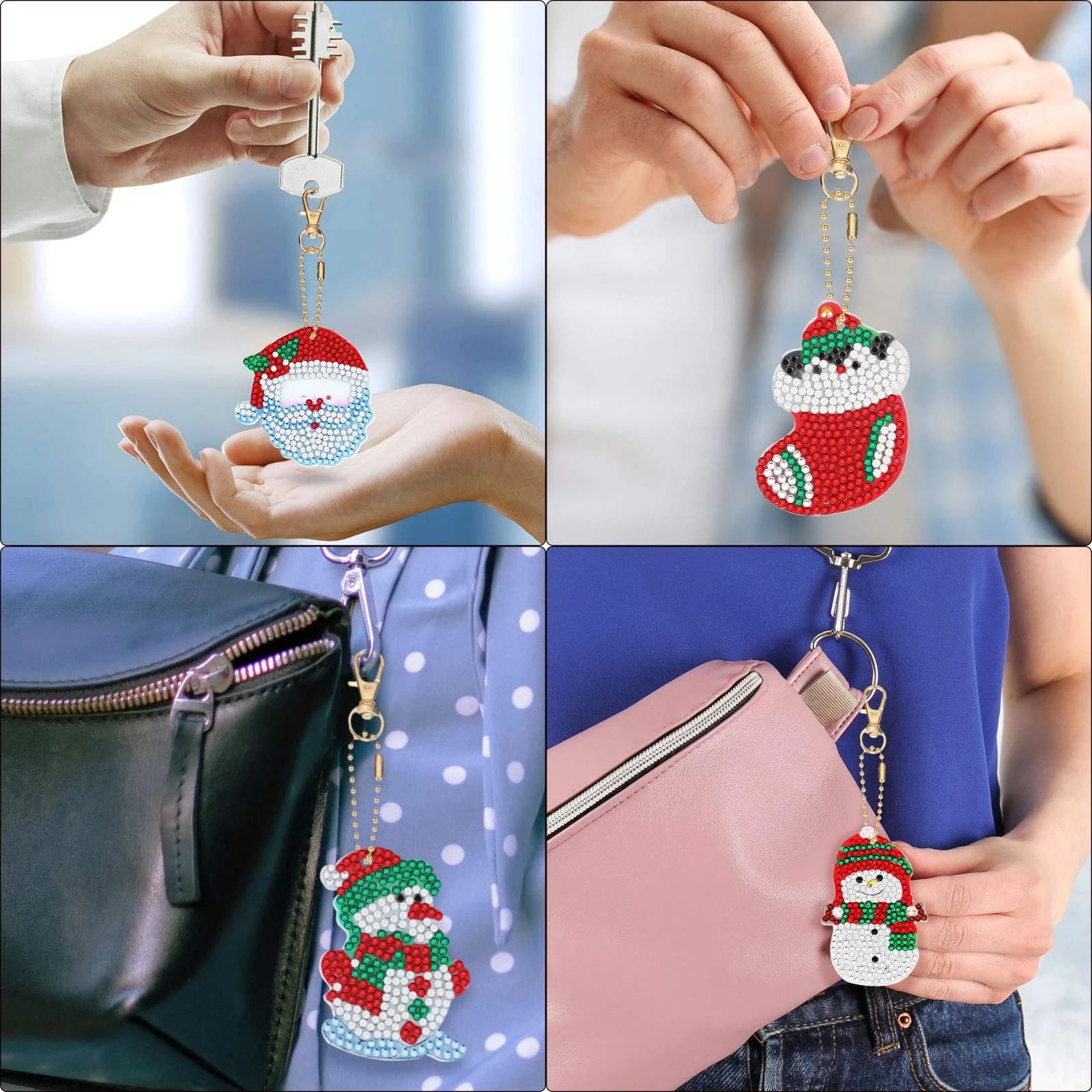 Yaomiao 17 Pieces Double Sided Diamond Art Christmas Ornaments Christmas Keychains Diamond Art Kit for Adult DIY 5d Painting Round Drill Key Chain Xmas Crystal Rhinestone Arts Craft Keychain Supplies - Image 2