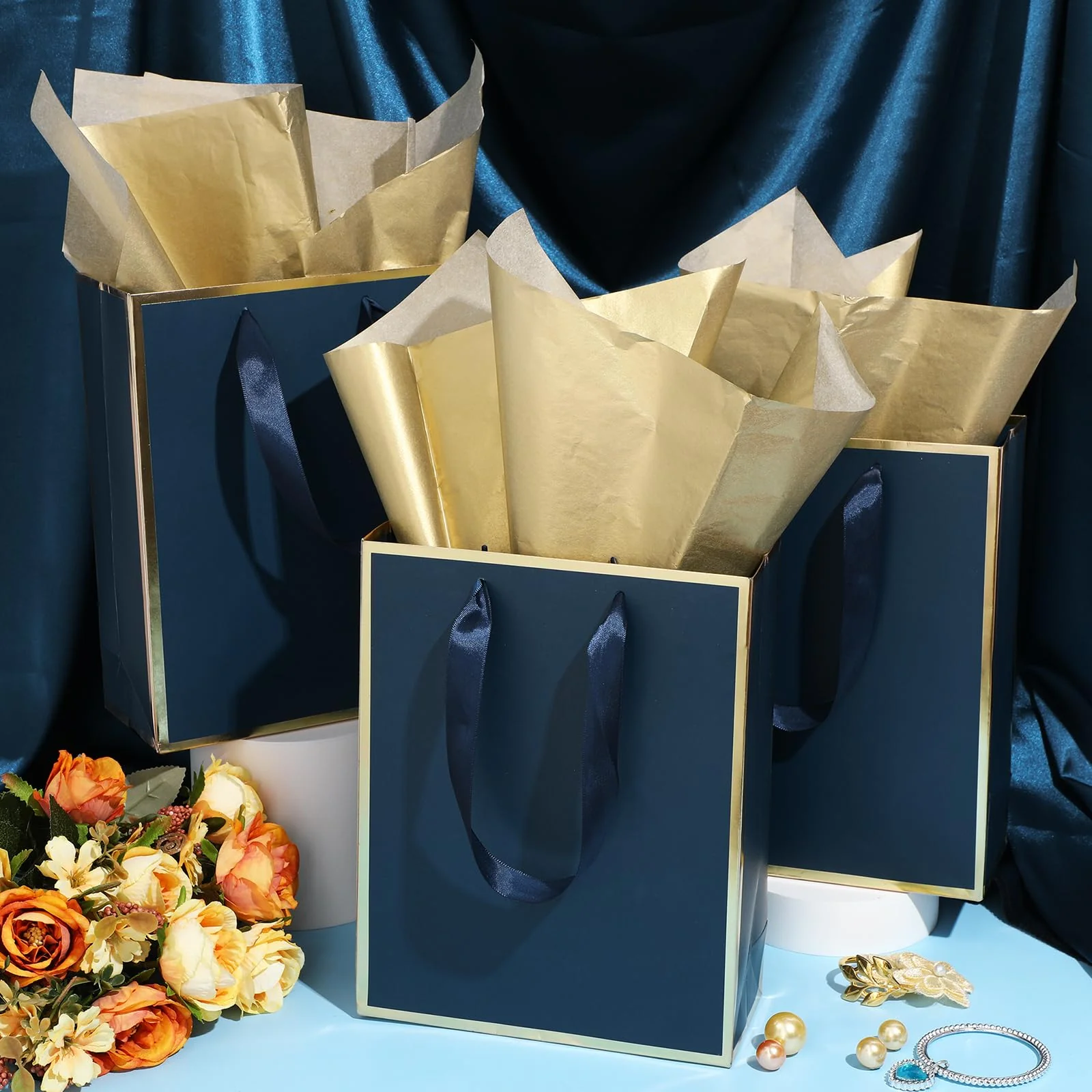Yeaqee 24 Pack Metallic Paper Gift Bags with Handle and Tissue 9x7x3.1 Gold Foil Welcome Favor Bags Return Gifts for Wedding Fall 5 Senses Christmas Bridesmaid Birthday(Navy Blue, Gold) - Image 3