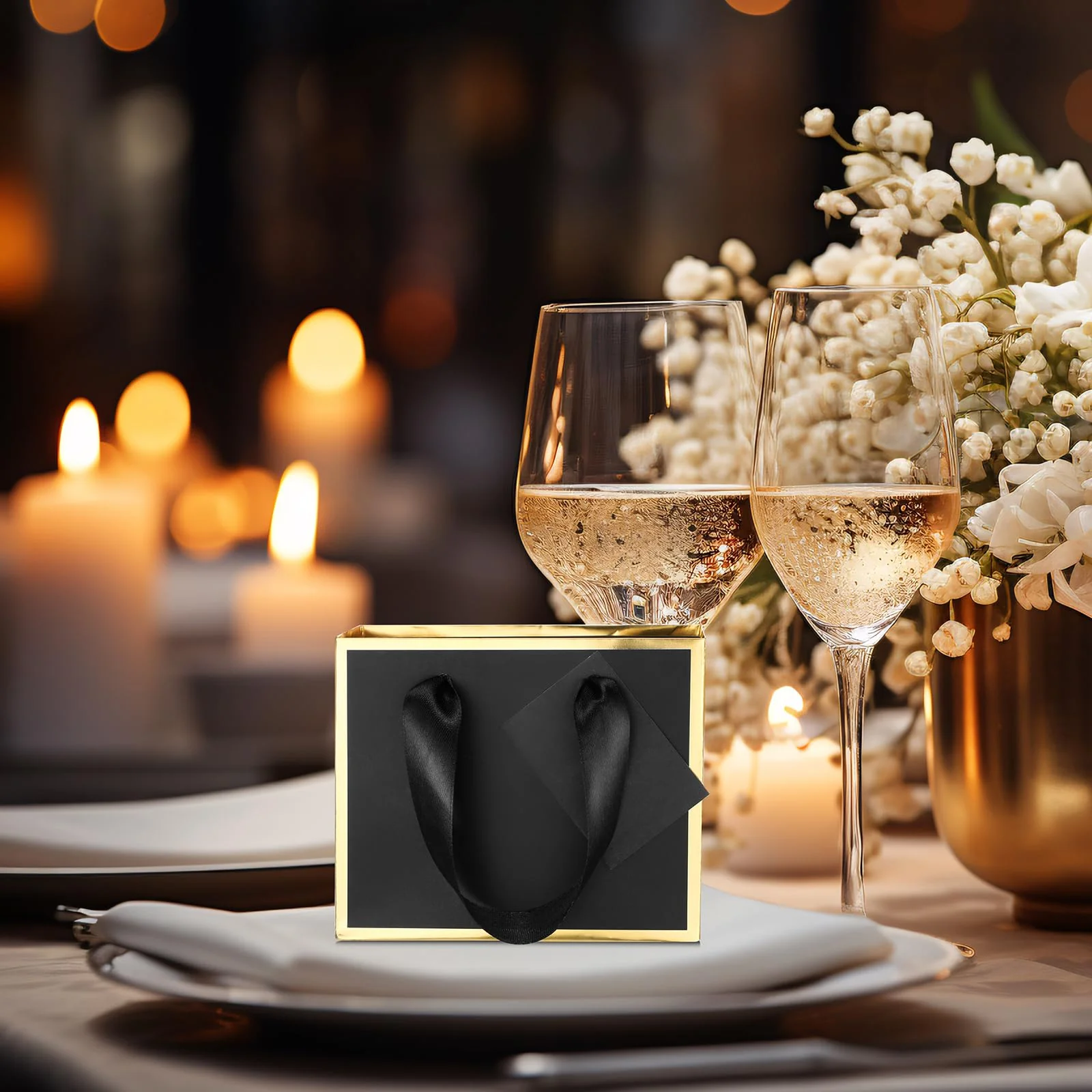 Yeaqee 50 Pcs Mini Metallic Foil Gift Bags with Handles 4x4.75x2.25'' Tiny Thank You Favor Bag with Tag for Christmas Fall Thanksgiving Welcome Wedding Baby Shower Birthday Party(Black, Gold) - Image 2