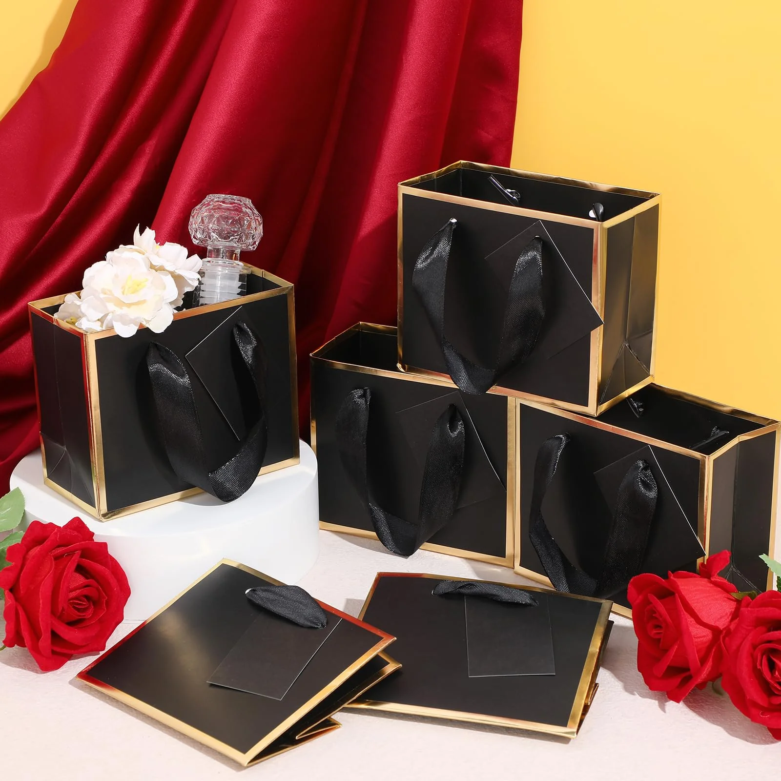 Yeaqee 50 Pcs Mini Metallic Foil Gift Bags with Handles 4x4.75x2.25'' Tiny Thank You Favor Bag with Tag for Christmas Fall Thanksgiving Welcome Wedding Baby Shower Birthday Party(Black, Gold) - Image 3