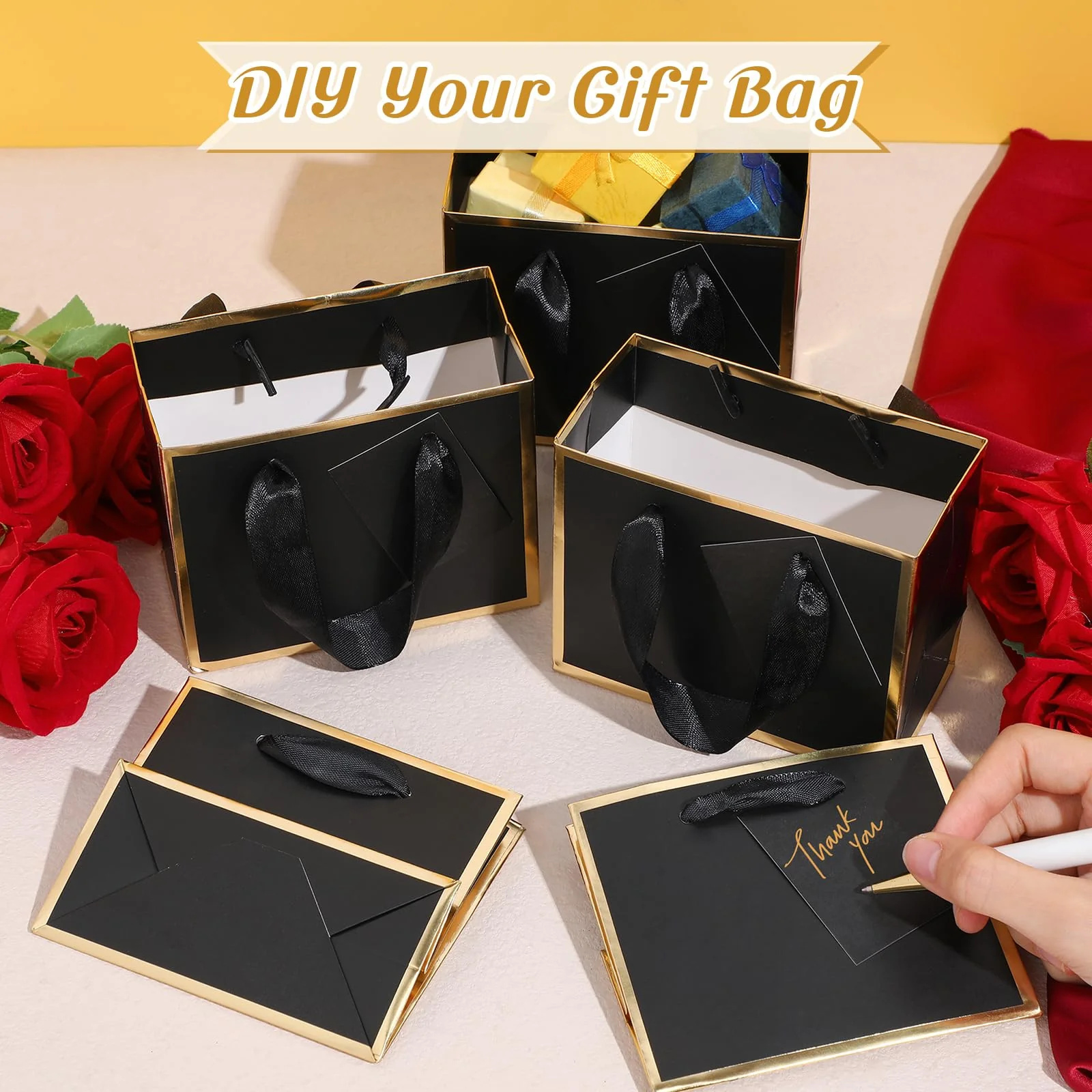 Yeaqee 50 Pcs Mini Metallic Foil Gift Bags with Handles 4x4.75x2.25'' Tiny Thank You Favor Bag with Tag for Christmas Fall Thanksgiving Welcome Wedding Baby Shower Birthday Party(Black, Gold) - Image 4