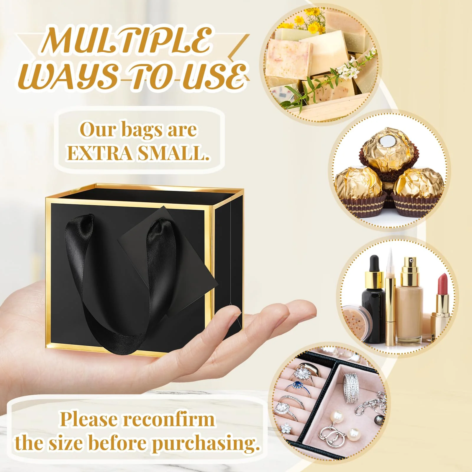 Yeaqee 50 Pcs Mini Metallic Foil Gift Bags with Handles 4x4.75x2.25'' Tiny Thank You Favor Bag with Tag for Christmas Fall Thanksgiving Welcome Wedding Baby Shower Birthday Party(Black, Gold) - Image 5