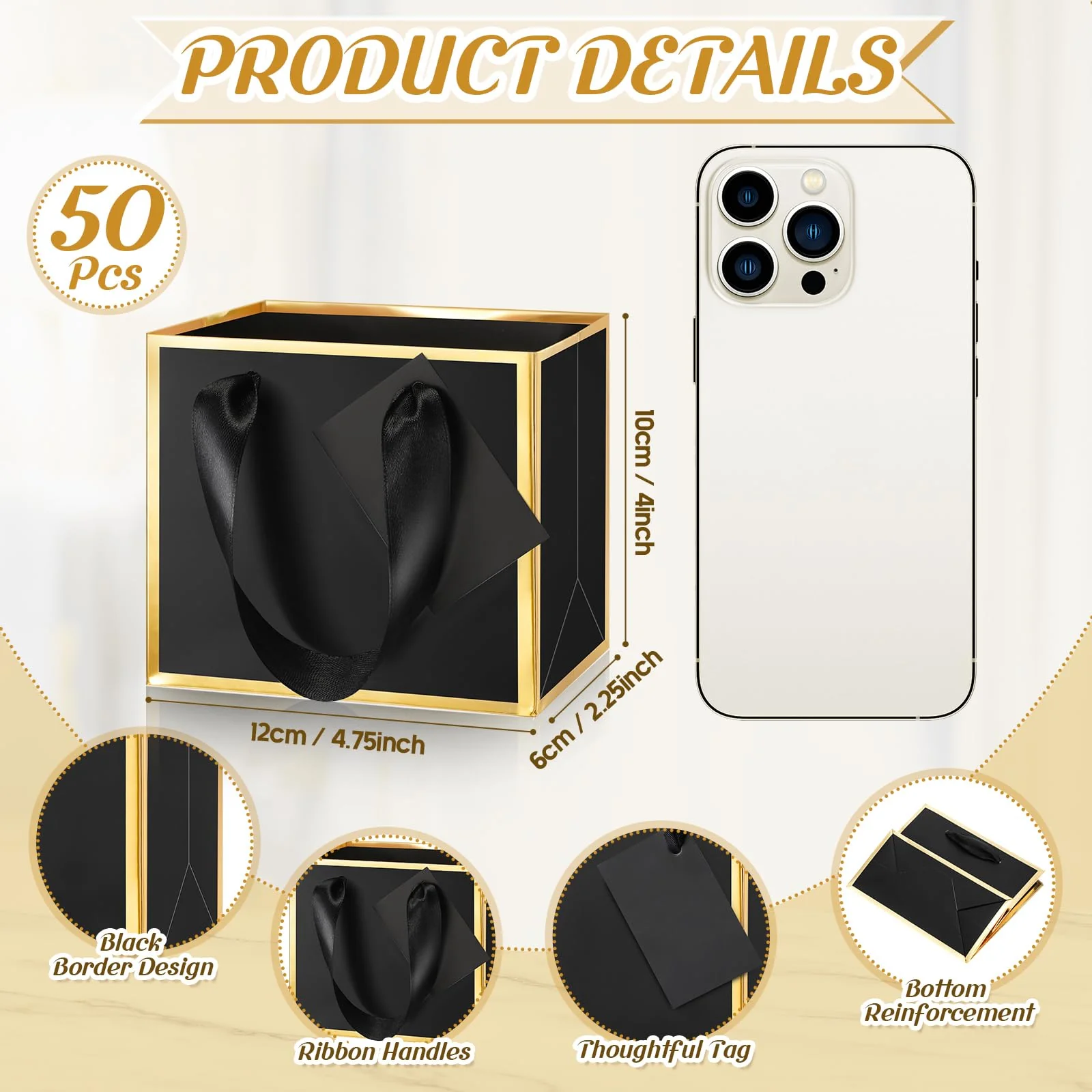 Yeaqee 50 Pcs Mini Metallic Foil Gift Bags with Handles 4x4.75x2.25'' Tiny Thank You Favor Bag with Tag for Christmas Fall Thanksgiving Welcome Wedding Baby Shower Birthday Party(Black, Gold) - Image 6