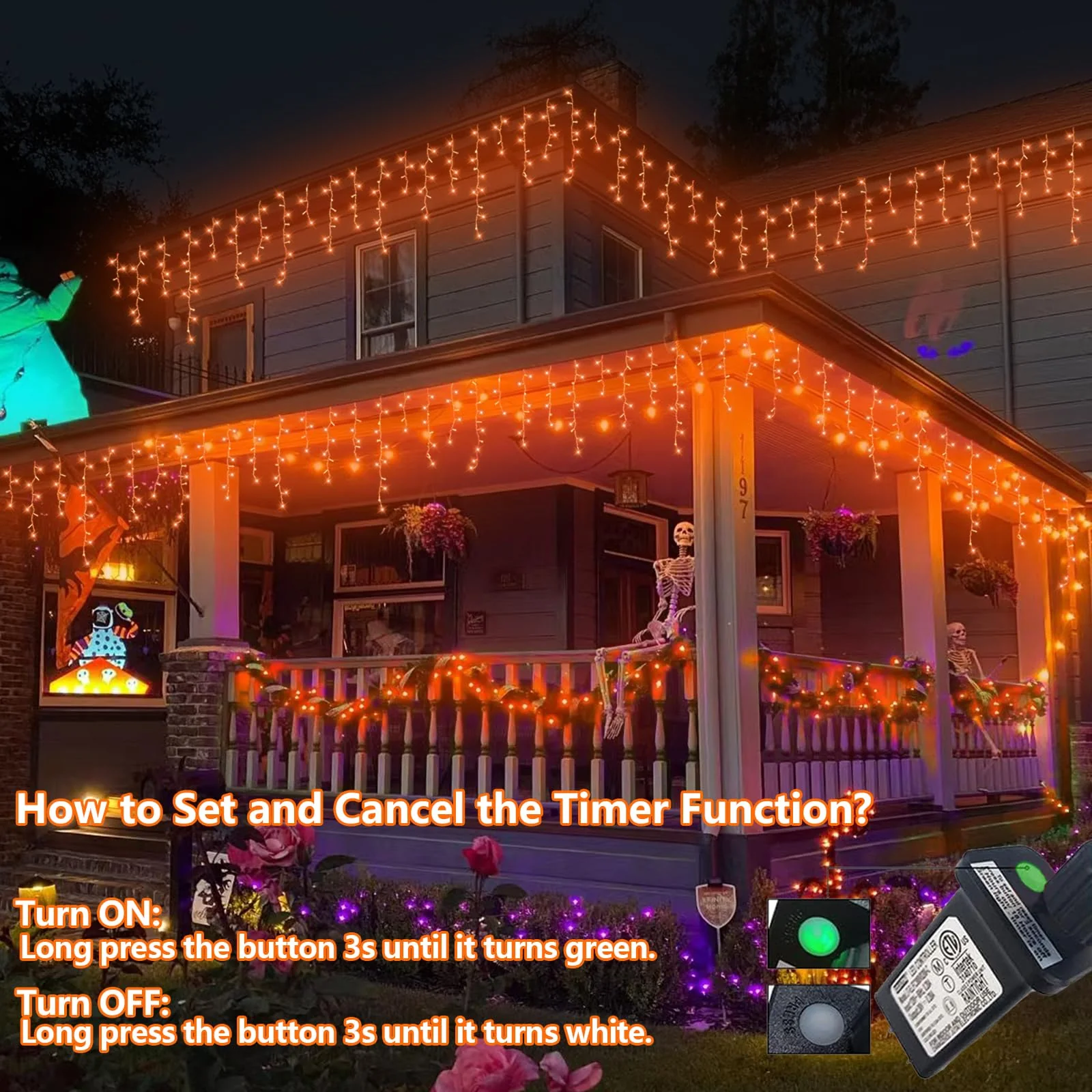 YEGUO 33ft 400 LED Orange Halloween Lights, Connetable Icicle Light Outdoor Waterproof, 8 Modes Christmas Lights Indoor Plug in for Thanksgiving House Patio Fall - Image 7