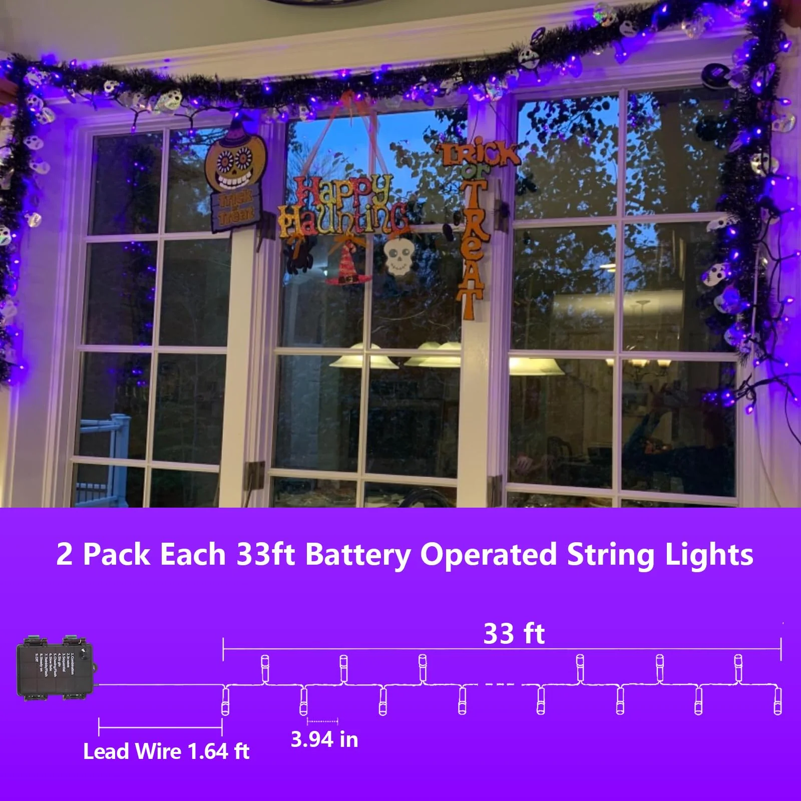 YEGUO Halloween Lights Battery Operated, 2 Pack Each 33ft 100 LED Purple String Lights Outdoor Waterproof, Green Wire Fairy Christmas Light Indoor with Remote - Image 8