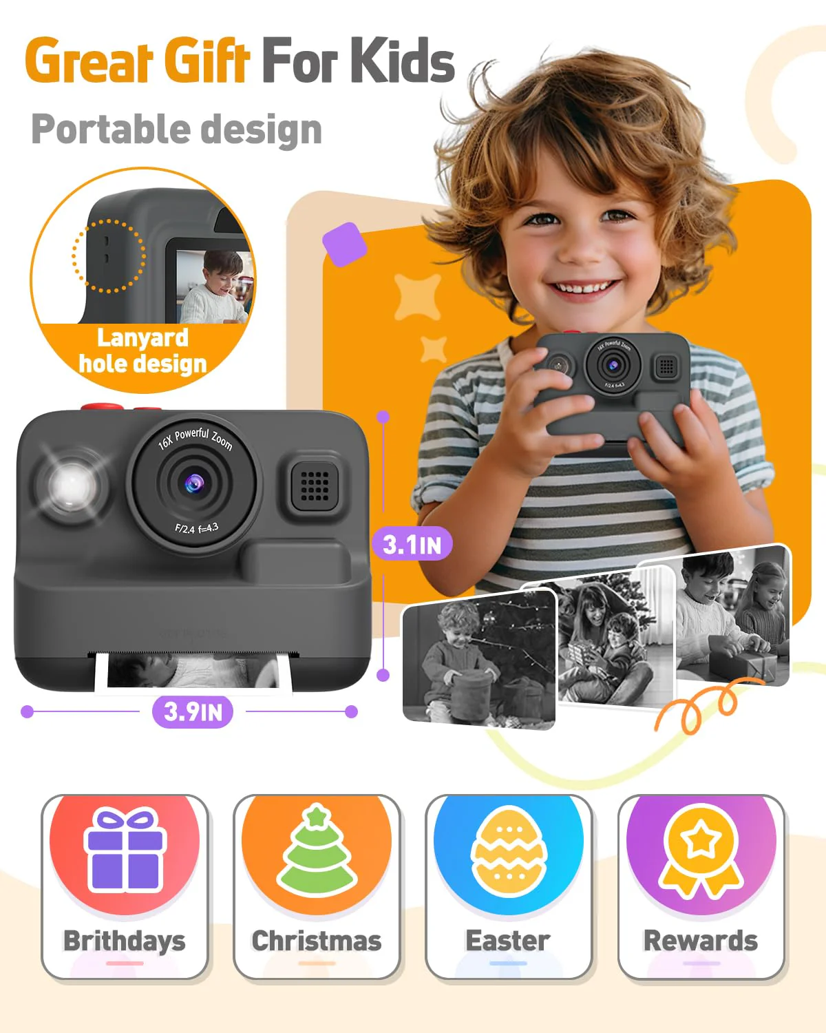 Yehtta Kids Camera Instant Print, Christmas Birthday Gifts for 3-12 Year Old Boys Girls, 2.4in Screen 1080P Kids Digital Camera Toys for Kids Age 3 4 5 6 7 8 9 10 with 3 Rolls Print Paper 32G Card - Image 2