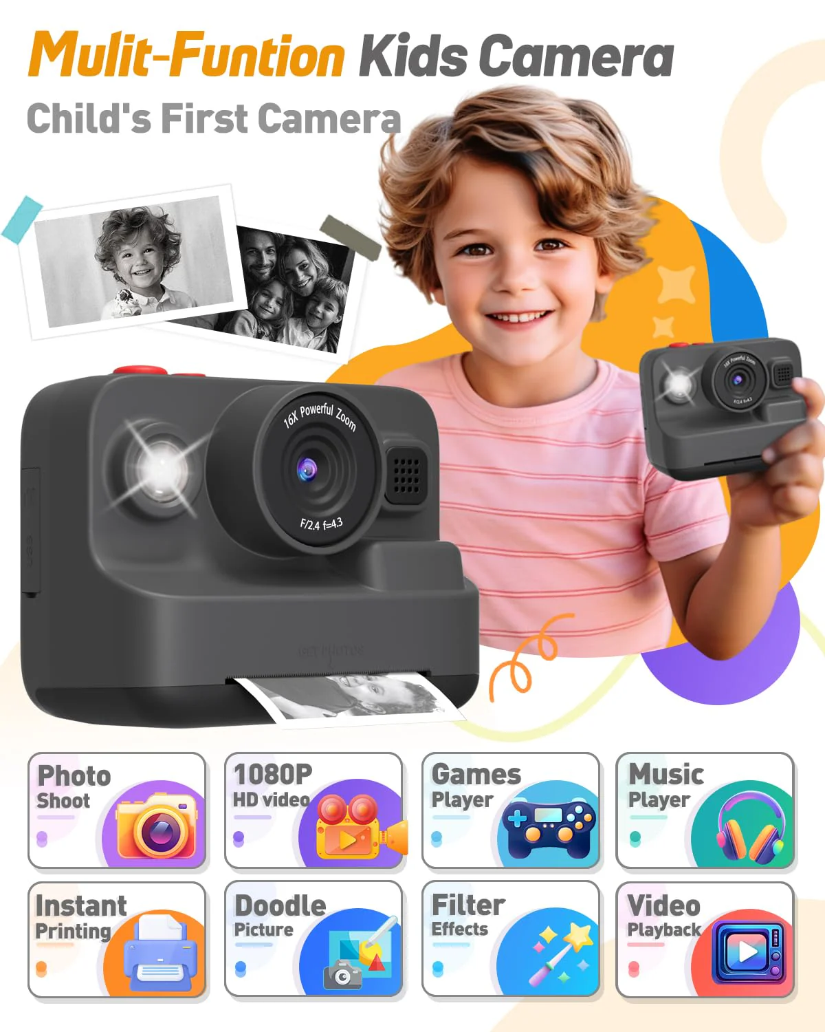 Yehtta Kids Camera Instant Print, Christmas Birthday Gifts for 3-12 Year Old Boys Girls, 2.4in Screen 1080P Kids Digital Camera Toys for Kids Age 3 4 5 6 7 8 9 10 with 3 Rolls Print Paper 32G Card - Image 6